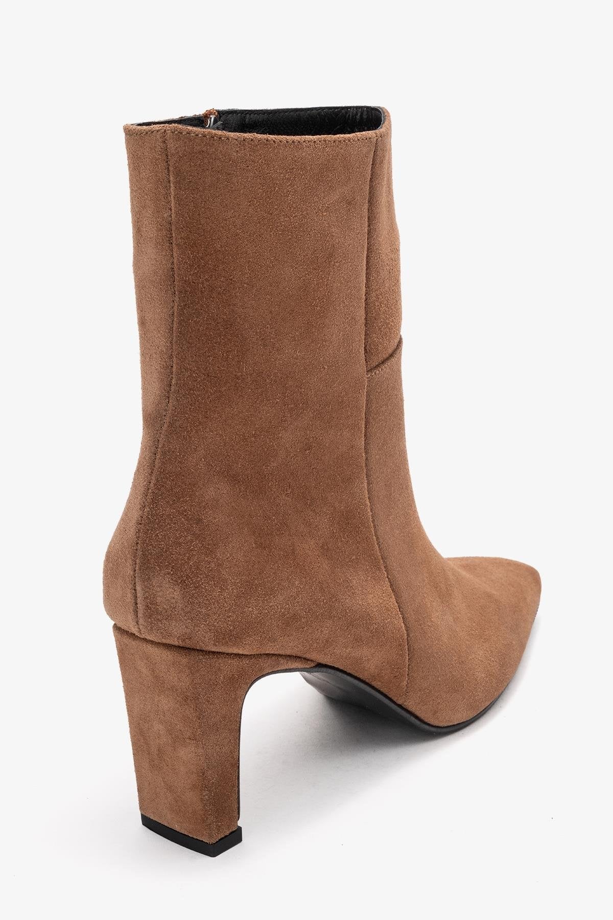 Kyoto - Taupe Genuine Leather Block Heel Boot – back view showing leather, suede, red, Vowalisse