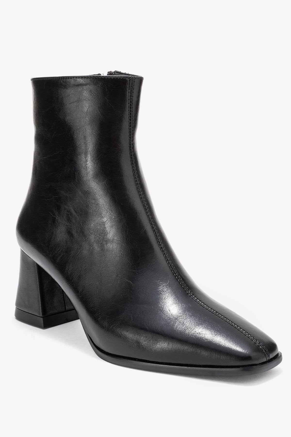 Arven - Black Square Toe Block Heel Boot – detail view showing leather, black, Vowalisse