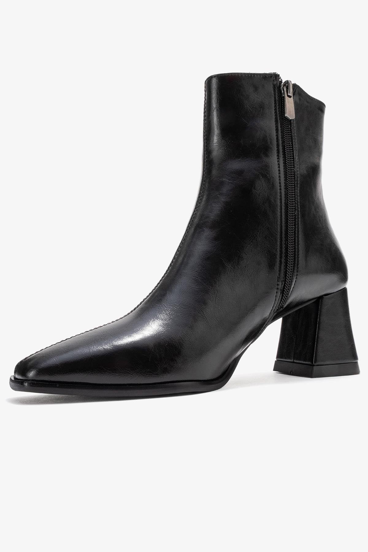 Arven - Black Square Toe Block Heel Boot – heel view showing leather, black, Vowalisse