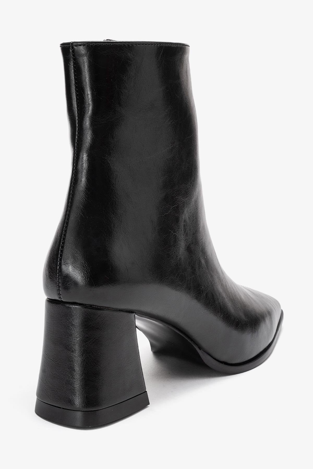 Arven - Black Square Toe Block Heel Boot – back view showing leather, black, Vowalisse