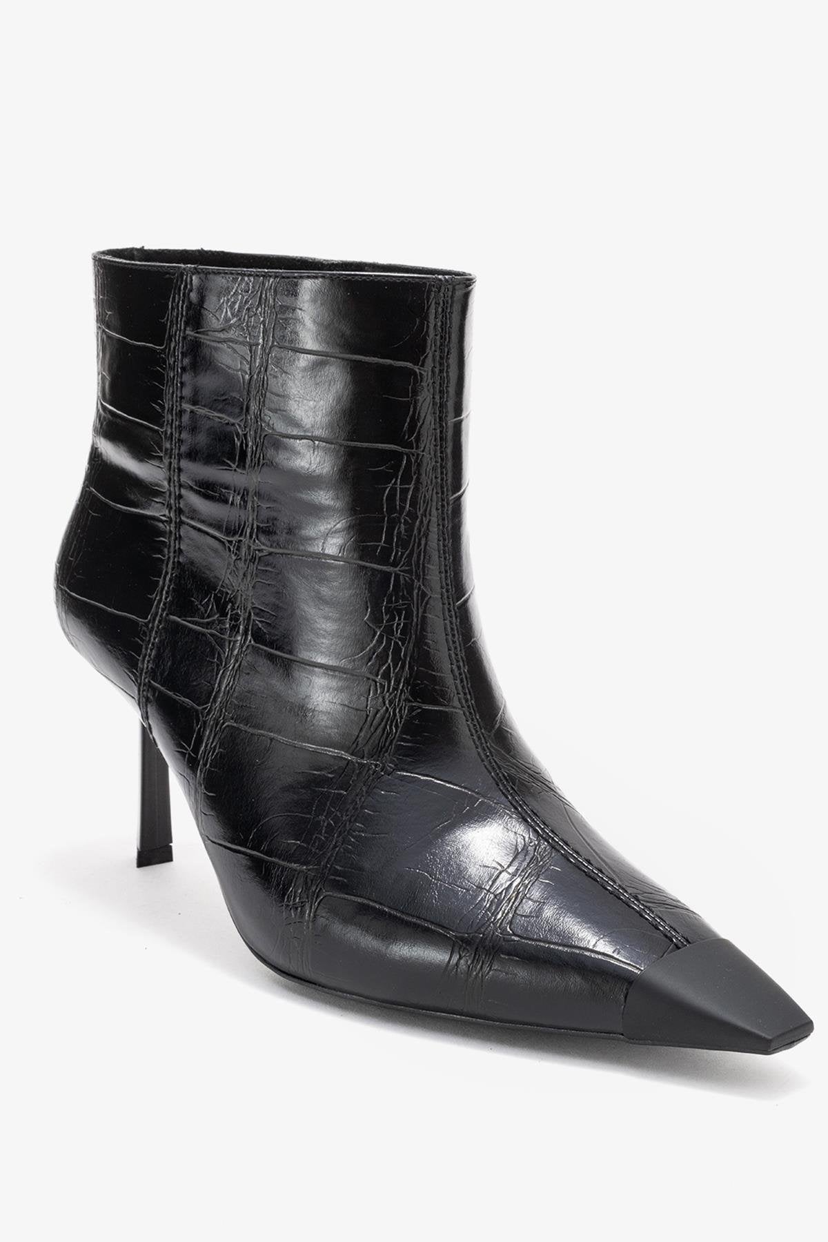 Rassel - Black Printed Pointed Toe Stiletto Boot – detail view showing leather, black, Vowalisse