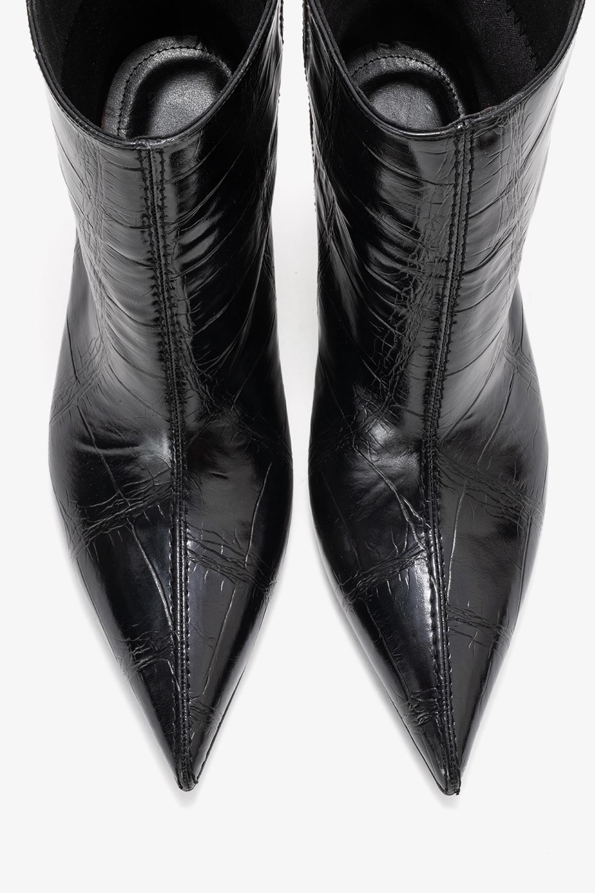 Brivelle - Black Printed Pointed Toe Heeled Boot – side view showing leather, black, Vowalisse