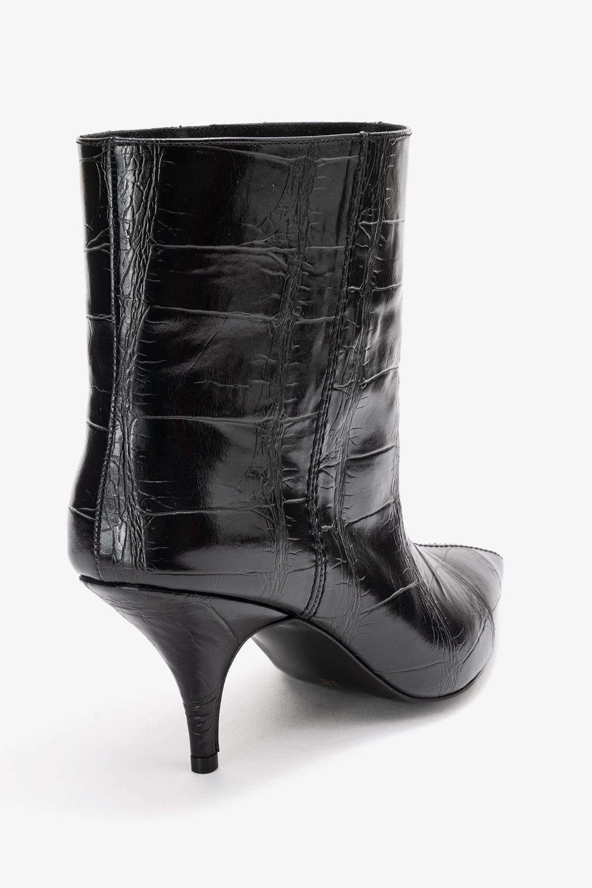 Brivelle - Black Printed Pointed Toe Heeled Boot – back view showing leather, black, Vowalisse