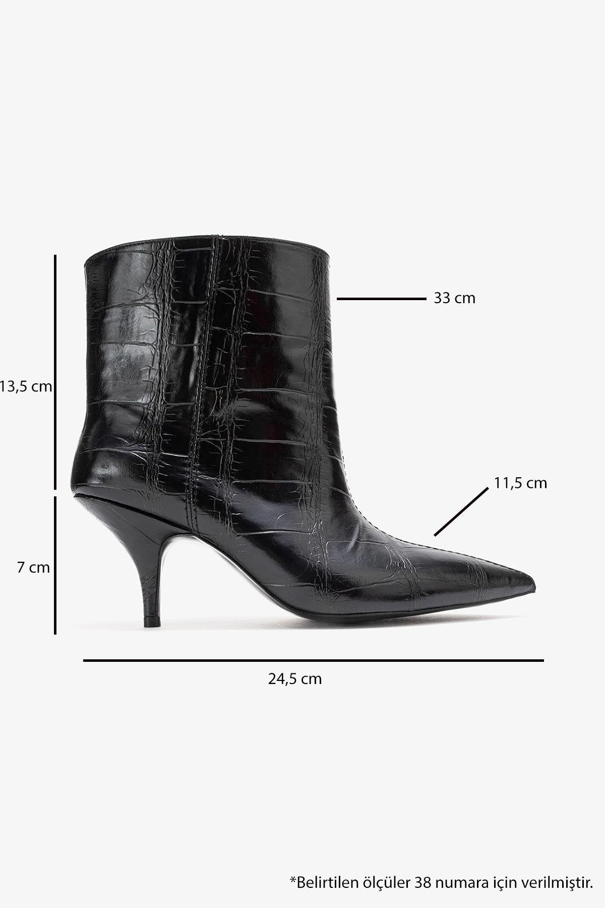 Brivelle - Black Printed Pointed Toe Heeled Boot – top view showing leather, black, Vowalisse