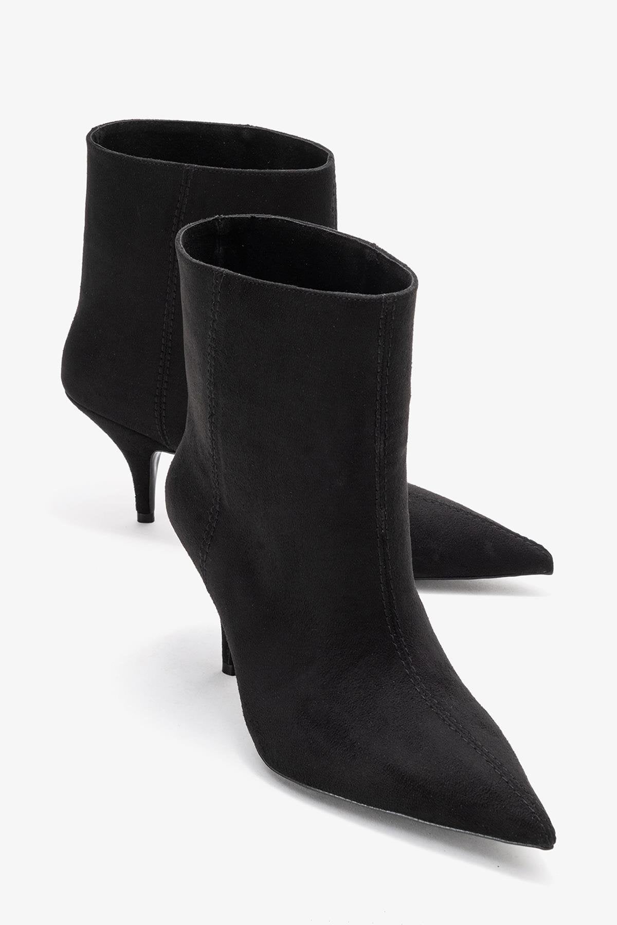 Brivelle - Black Suede Pointed Toe Heeled Boot – front three-quarter view showing suede, black, Vowalisse