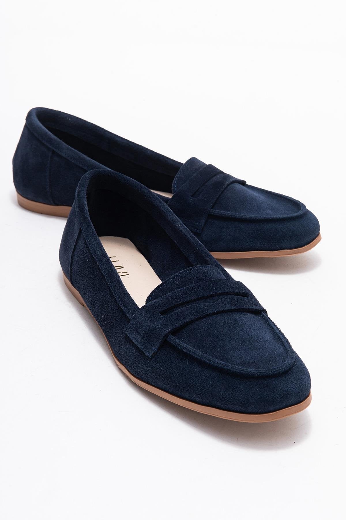 F02 - Navy Genuine Leather Loafer – front three-quarter view showing leather, Vowalisse