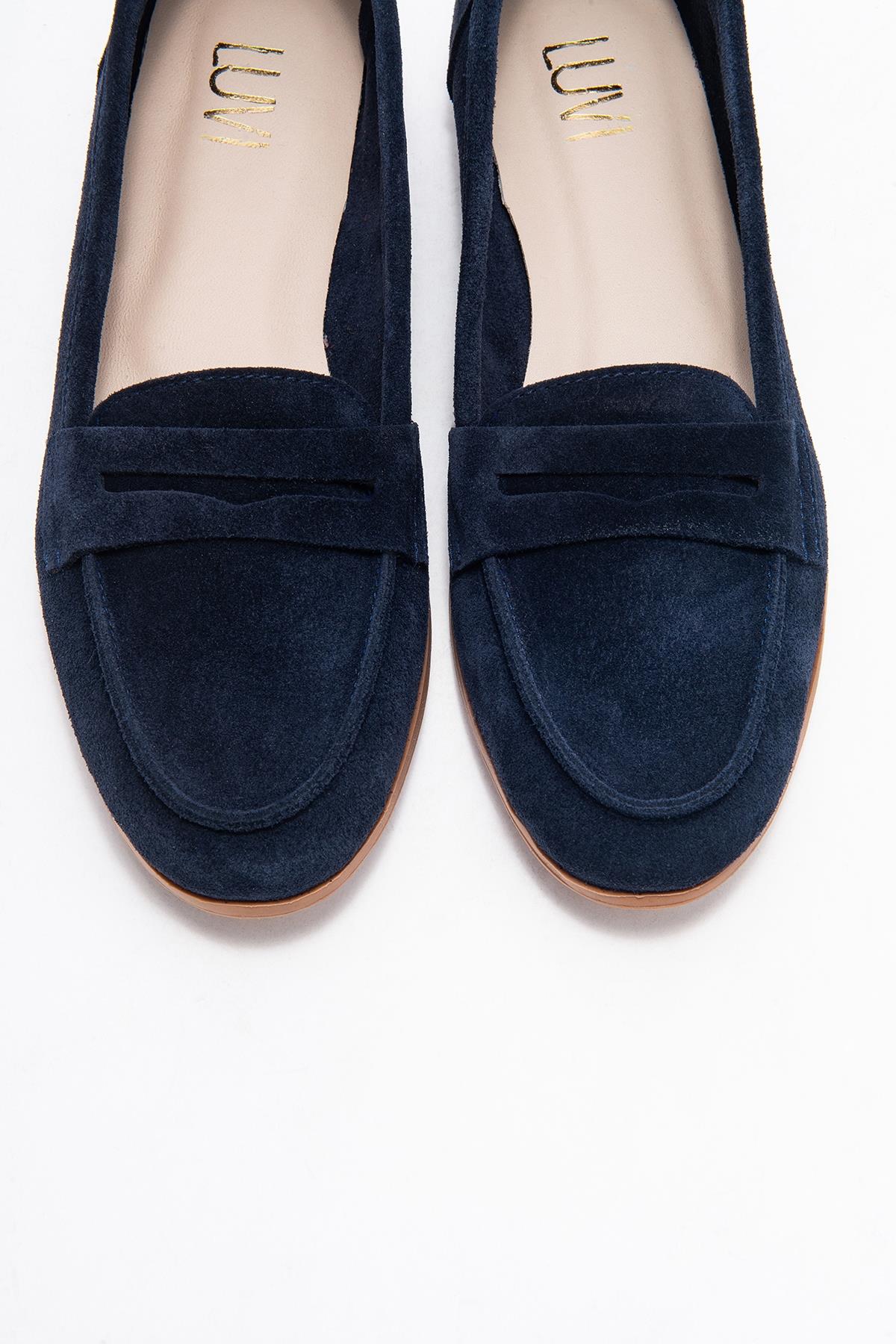 F02 - Navy Genuine Leather Loafer – side view showing leather, Vowalisse