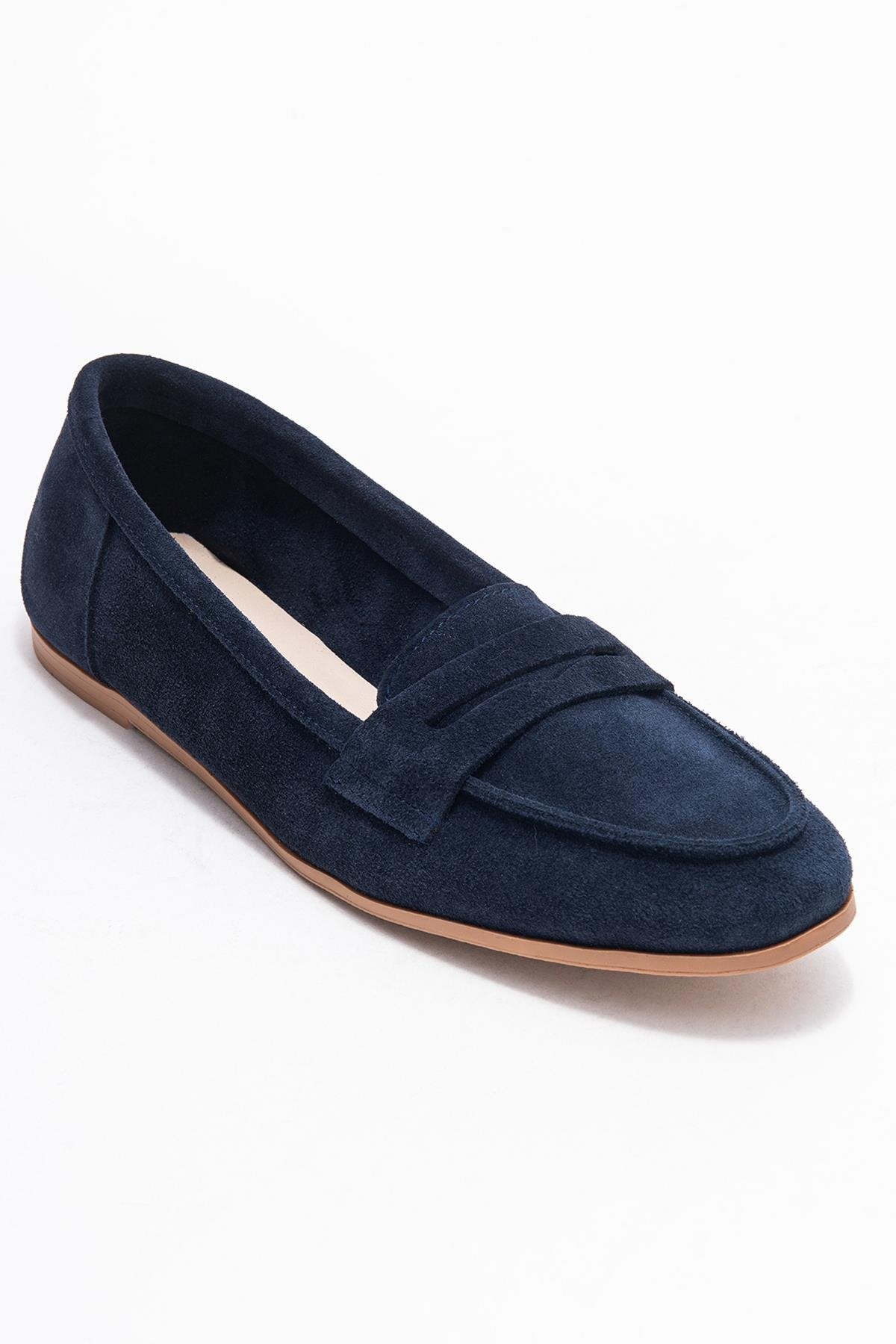 F02 - Navy Genuine Leather Loafer – detail view showing leather, Vowalisse