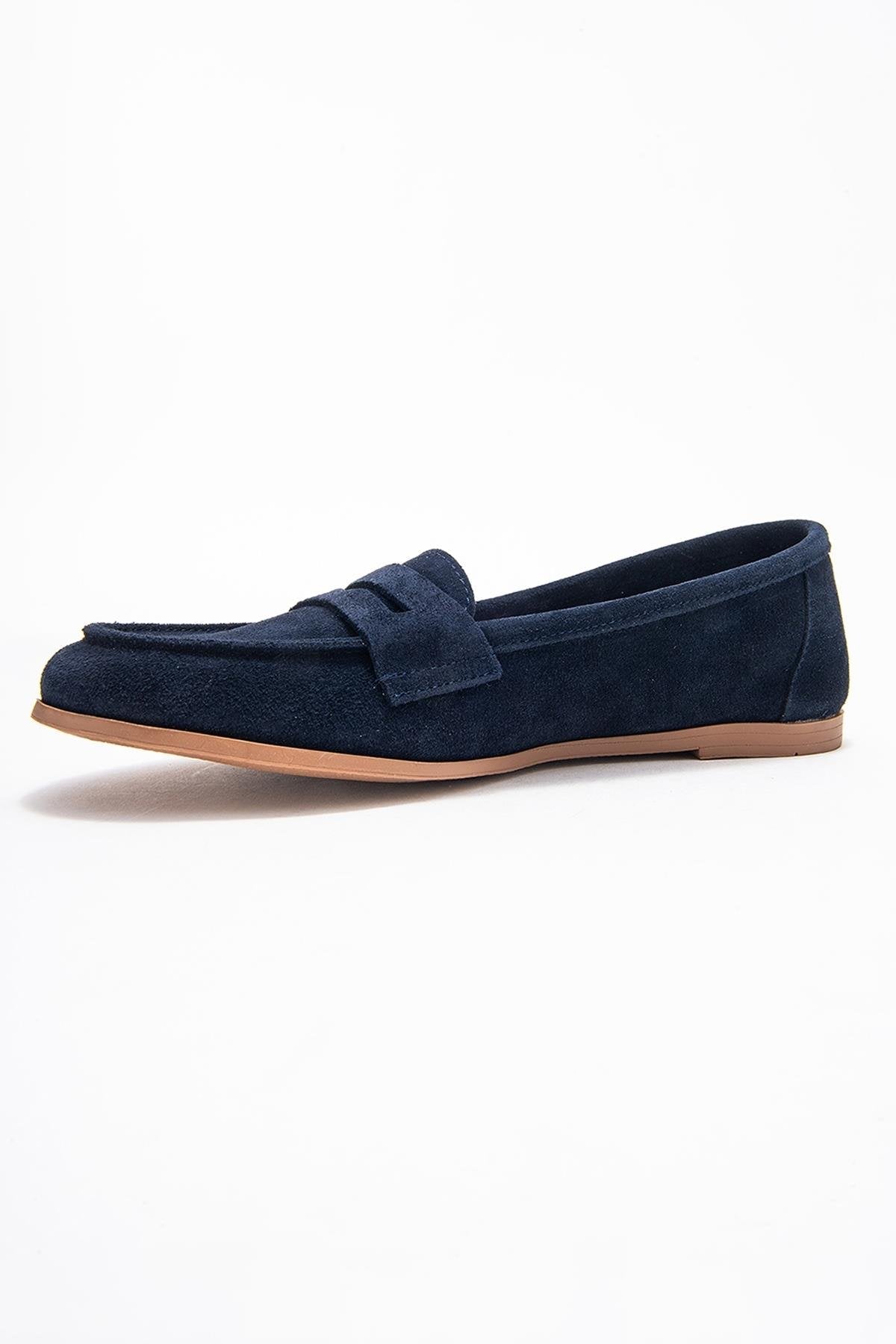 F02 - Navy Genuine Leather Loafer – heel view showing leather, Vowalisse