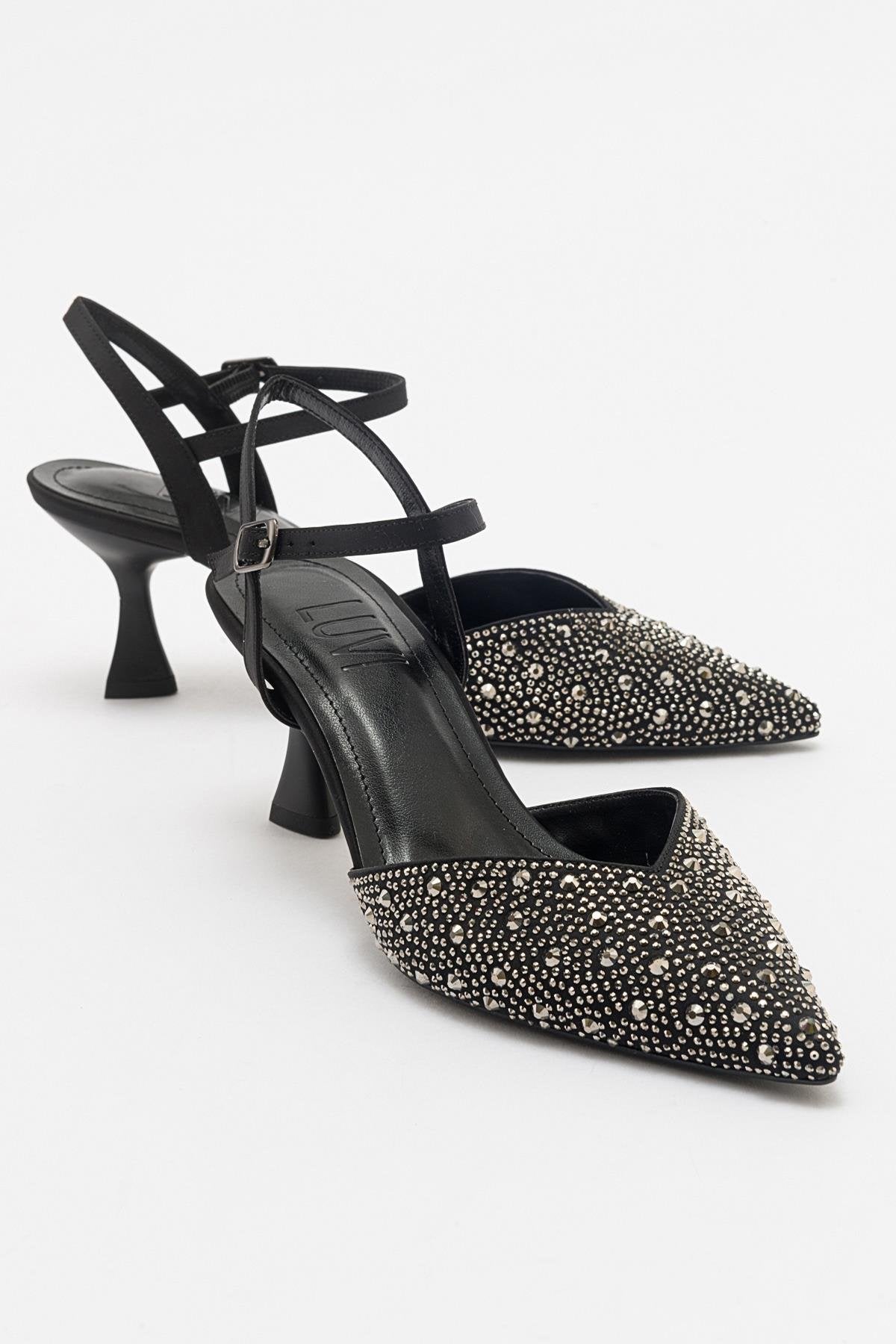 Vilka - Black Sparkling Slingback Kitten Heels – front three-quarter view showing leather, black, red, Vowalisse