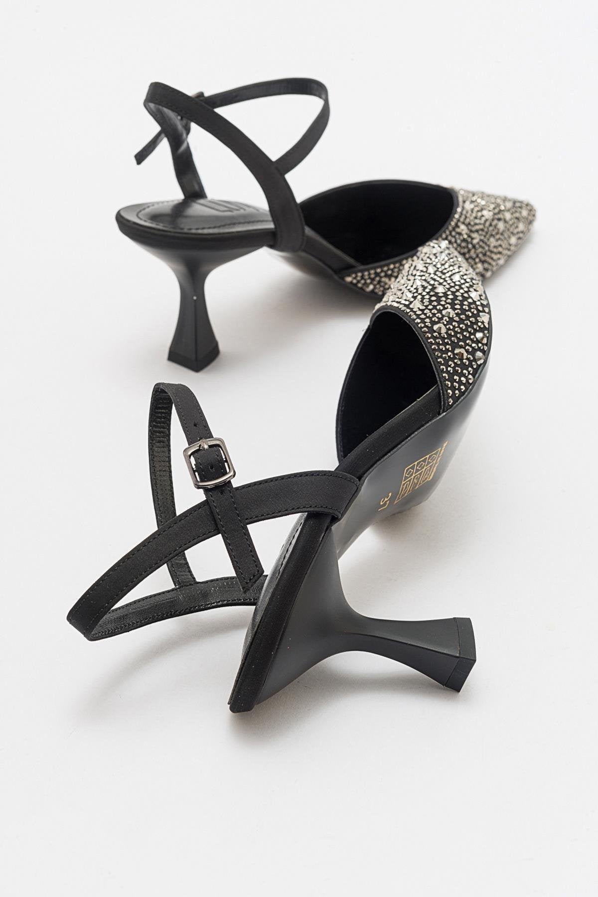 Vilka - Black Sparkling Slingback Kitten Heels – side view showing leather, black, red, Vowalisse
