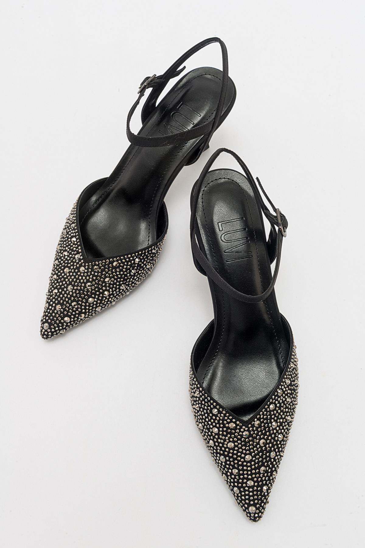Vilka - Black Sparkling Slingback Kitten Heels – detail view showing leather, black, red, Vowalisse