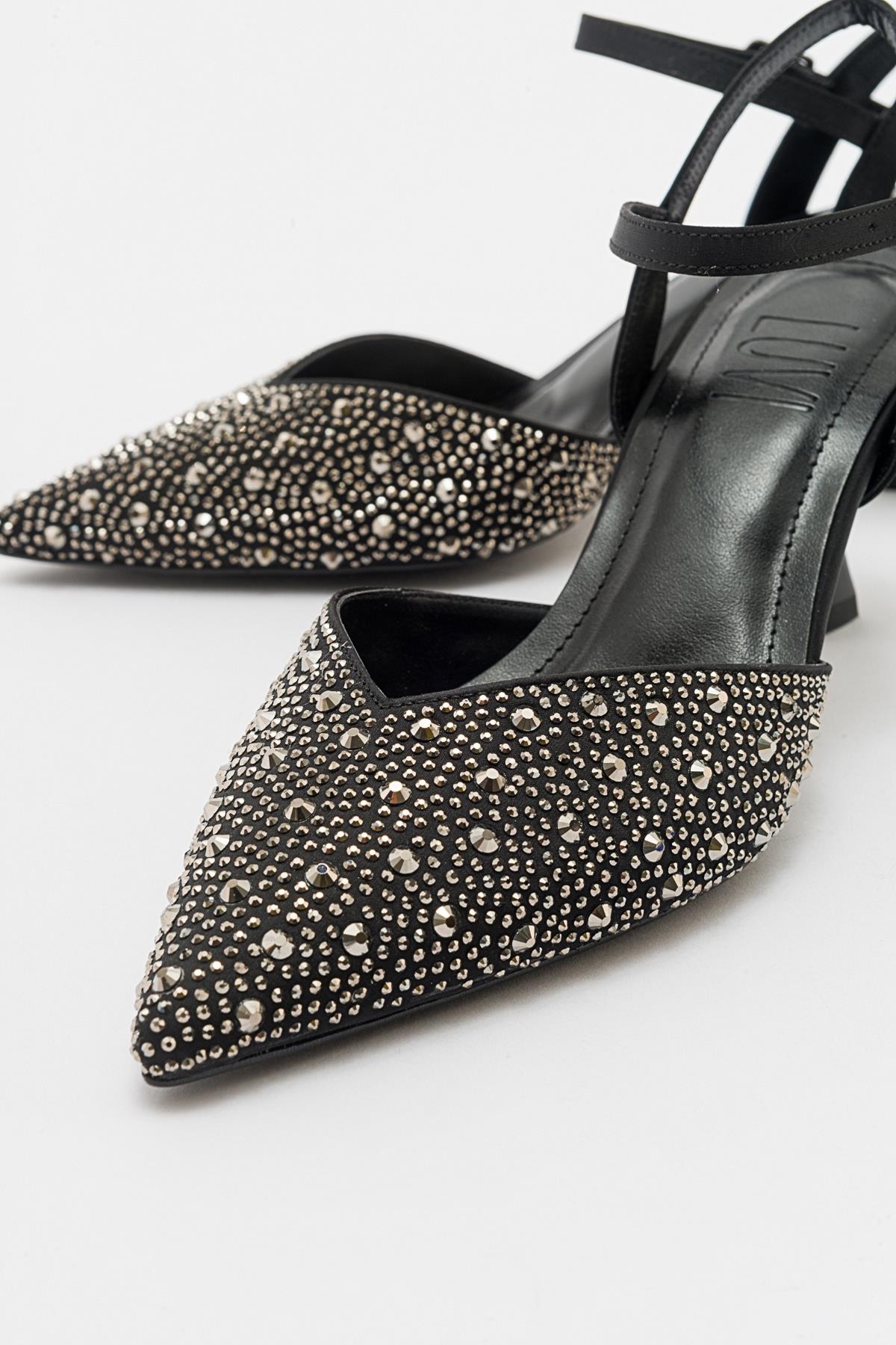 Vilka - Black Sparkling Slingback Kitten Heels – heel view showing leather, black, red, Vowalisse