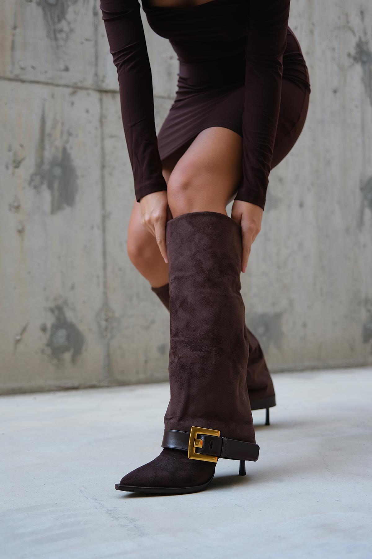 Elva - Brown Buckle Stiletto Boot – side view showing suede, Vowalisse
