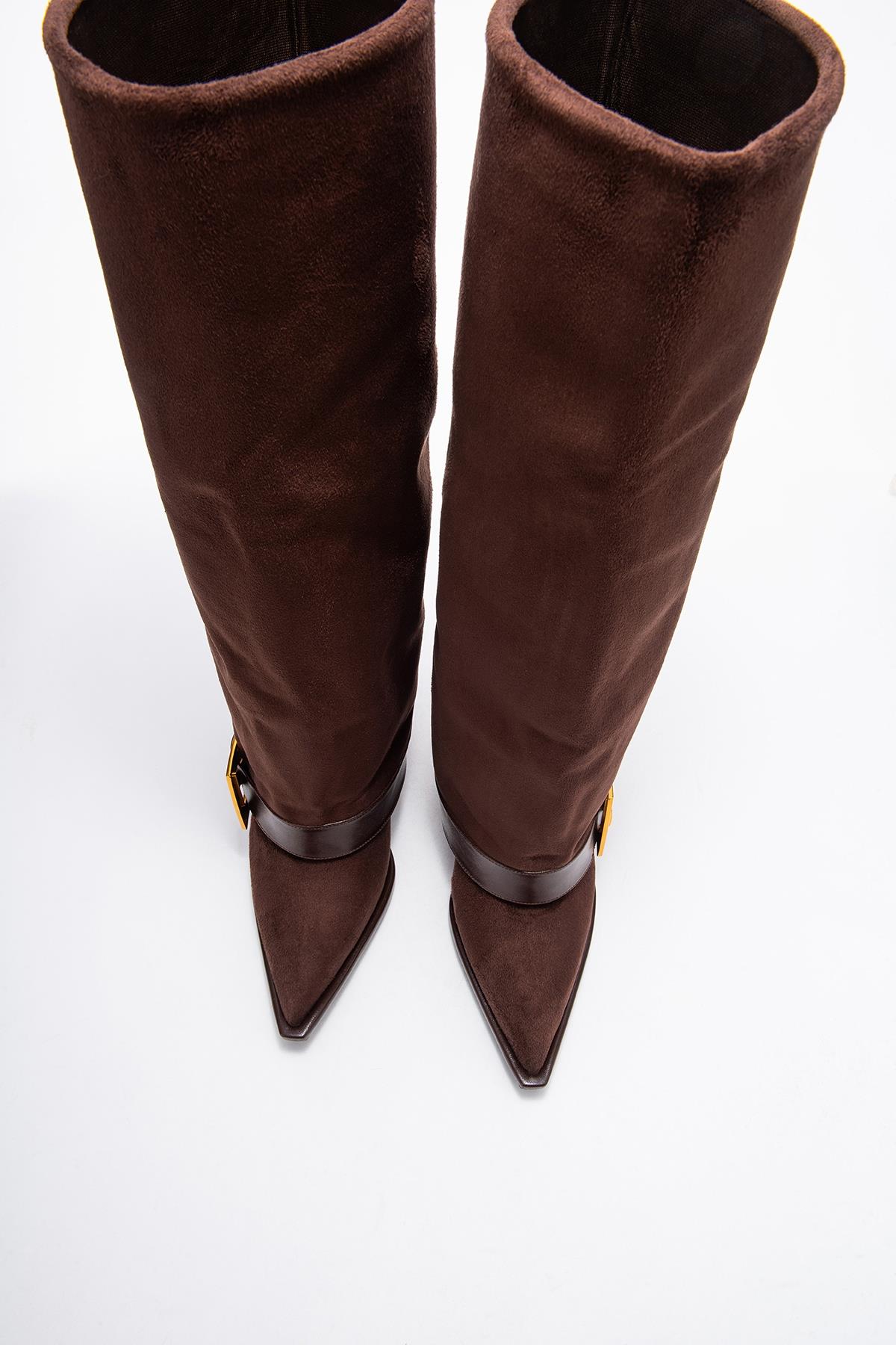 Elva - Brown Buckle Stiletto Boot – detail view showing suede, Vowalisse