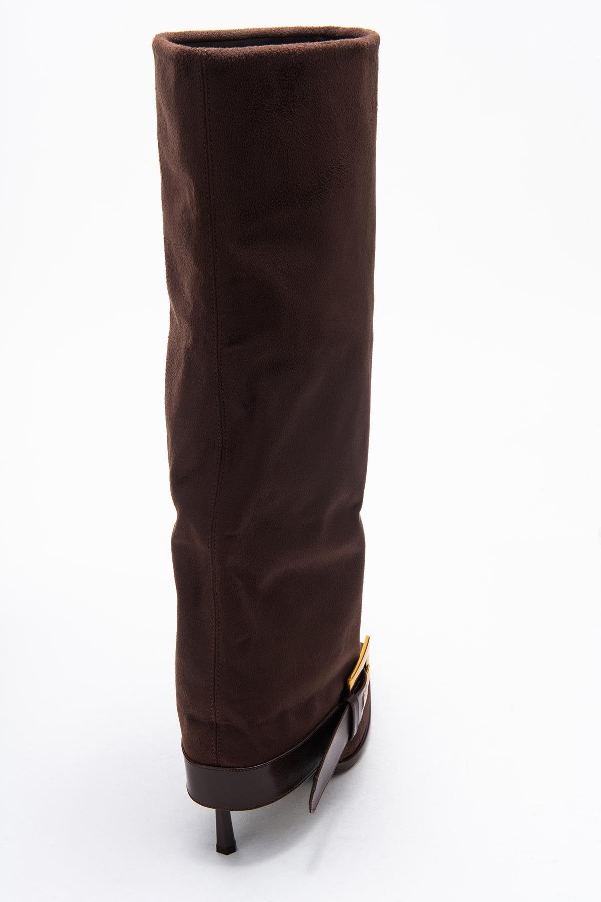 Elva - Brown Buckle Stiletto Boot – top view showing suede, Vowalisse