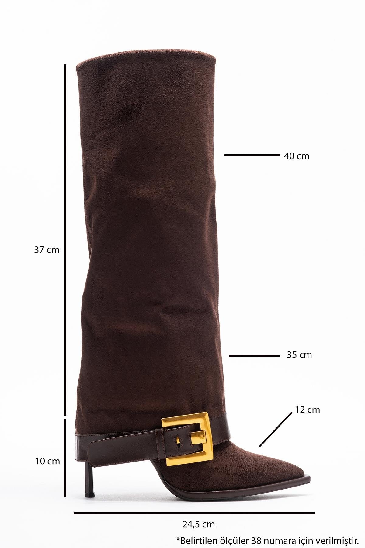 Elva - Brown Buckle Stiletto Boot – sole view showing suede, Vowalisse