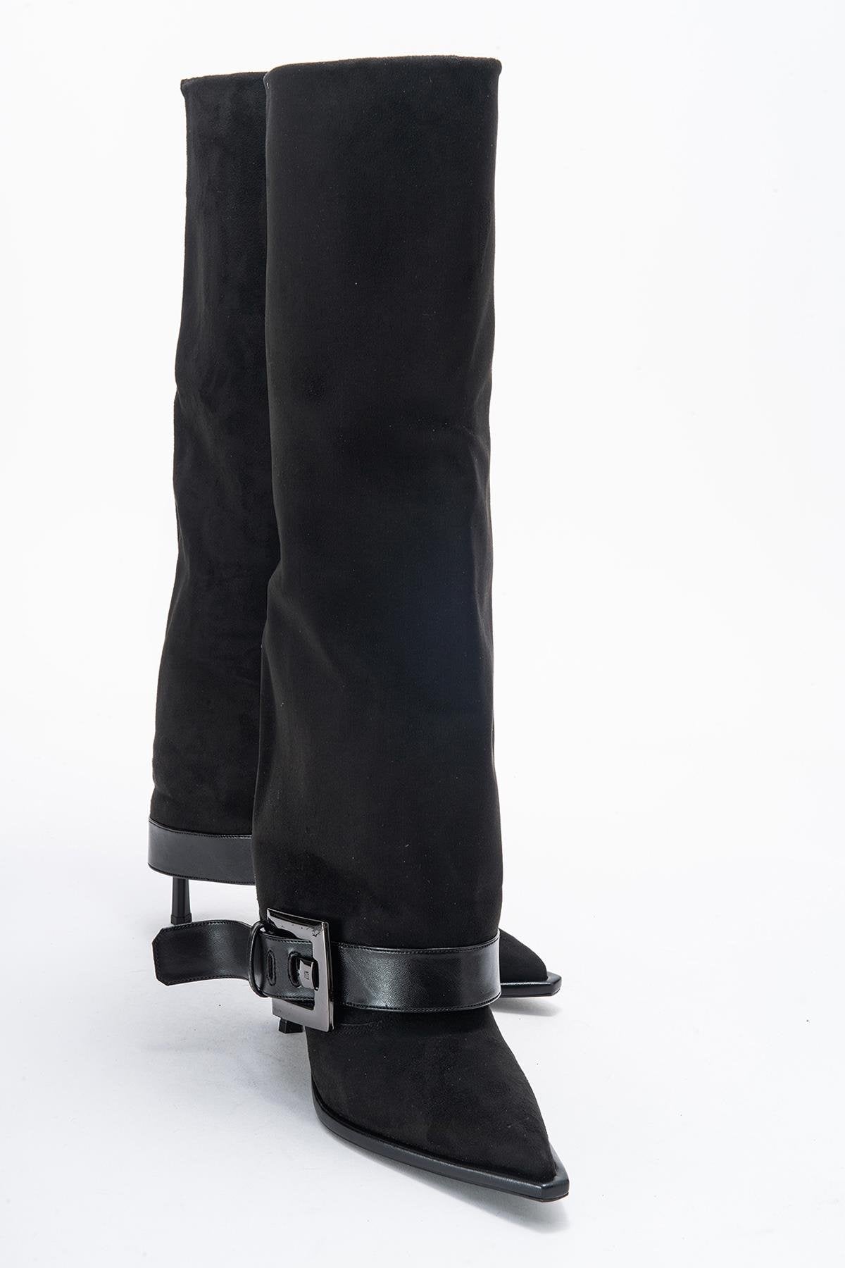 Elva - Black Buckle-Strap Stiletto Knee-High Boot – front three-quarter view showing suede, black, Vowalisse