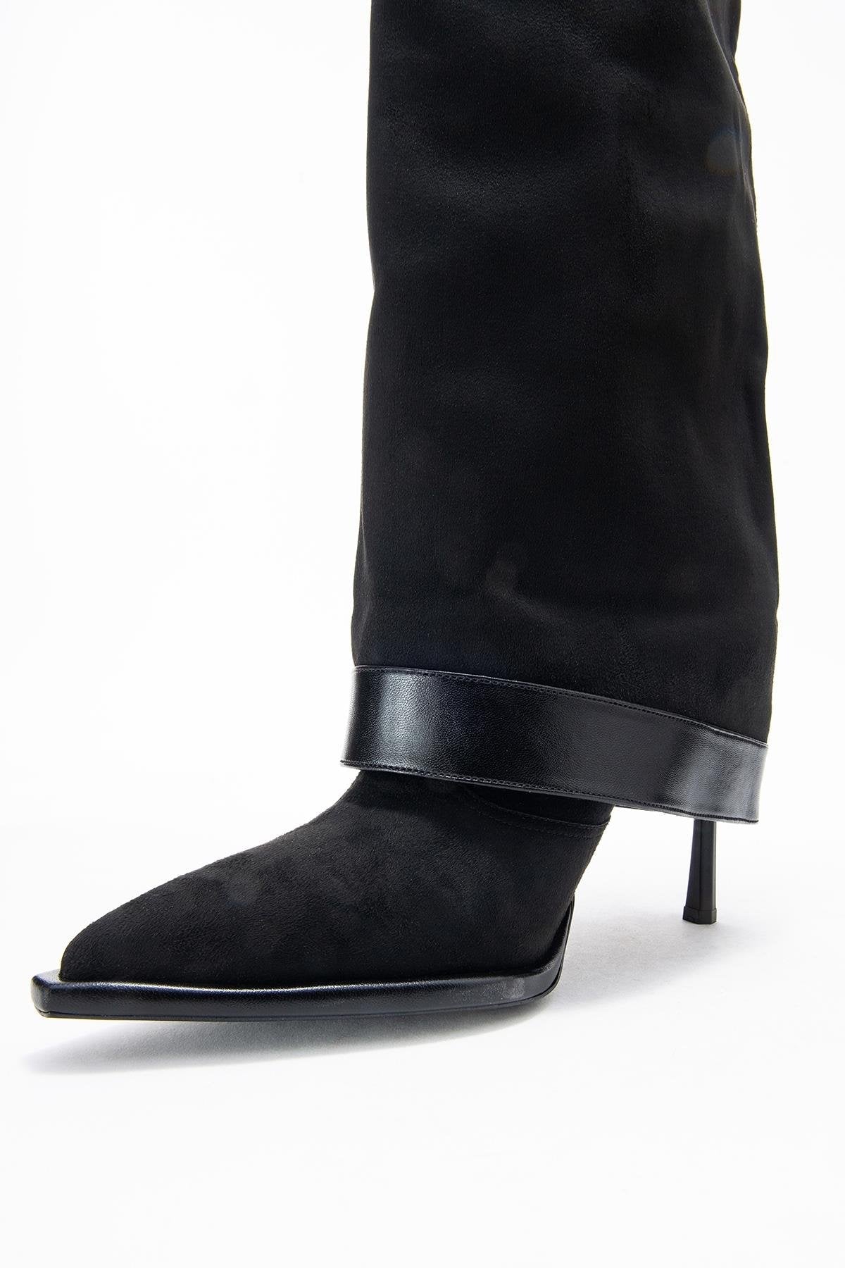 Elva - Black Buckle-Strap Stiletto Knee-High Boot – heel view showing suede, black, Vowalisse
