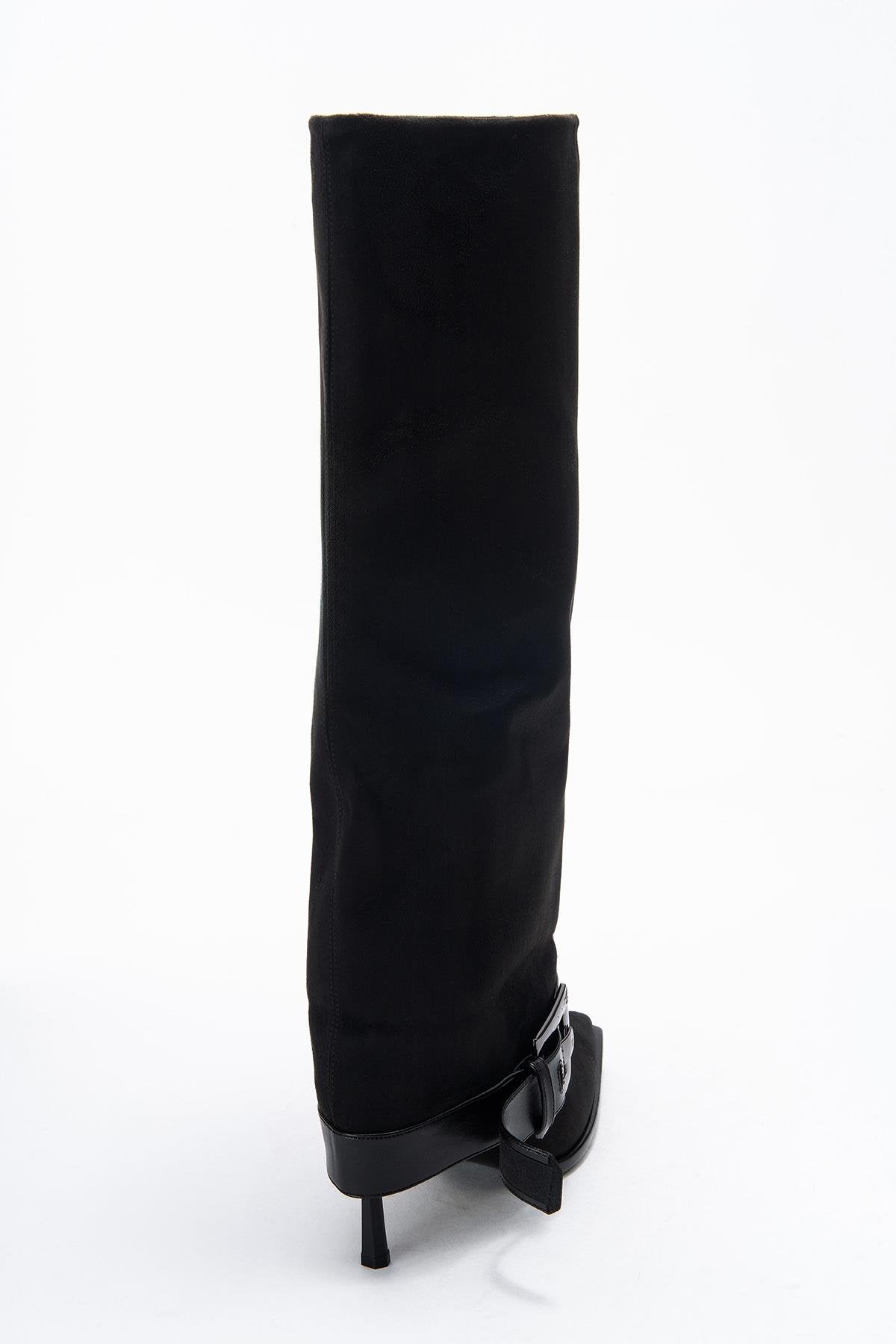 Elva - Black Buckle-Strap Stiletto Knee-High Boot – back view showing suede, black, Vowalisse