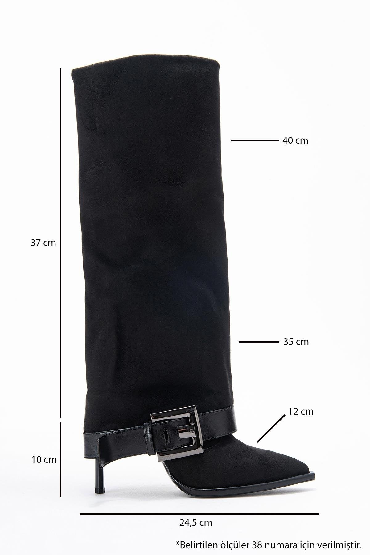 Elva - Black Buckle-Strap Stiletto Knee-High Boot – top view showing suede, black, Vowalisse