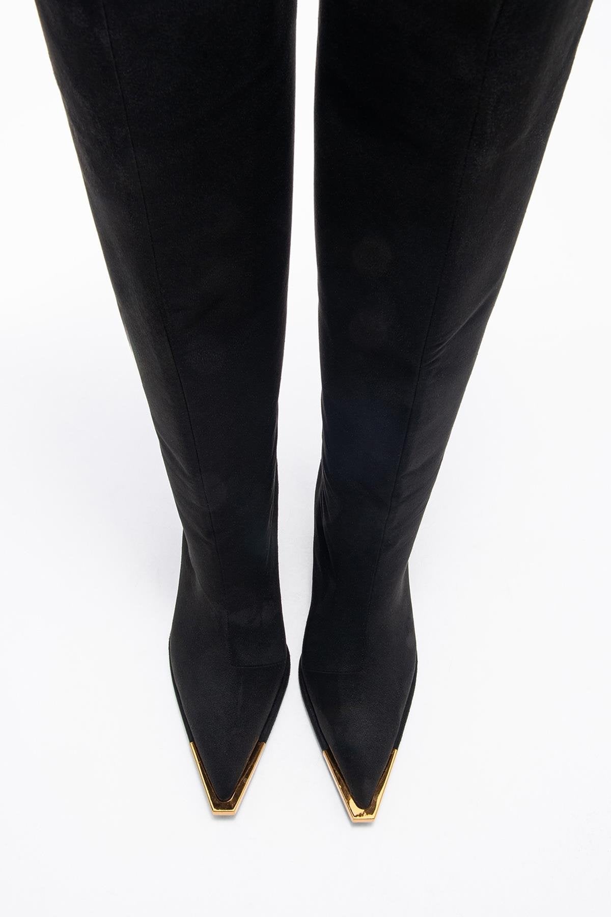 Lexa - Black Gold-Trimmed Pointed Toe Stiletto Knee-High Boot – side view showing suede, black, gold, Vowalisse