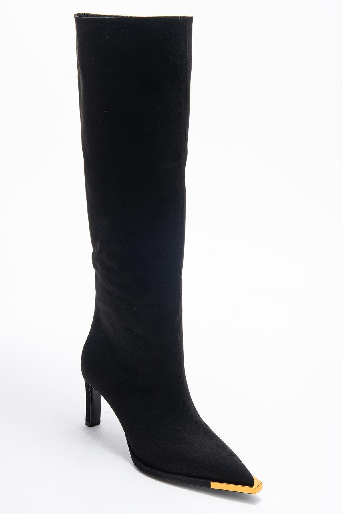 Lexa - Black Gold-Trimmed Pointed Toe Stiletto Knee-High Boot – detail view showing suede, black, gold, Vowalisse