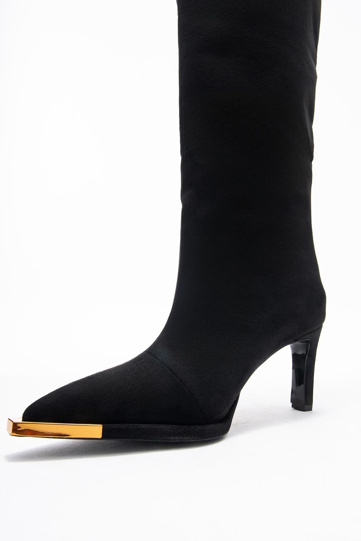 Lexa - Black Gold-Trimmed Pointed Toe Stiletto Knee-High Boot – heel view showing suede, black, gold, Vowalisse