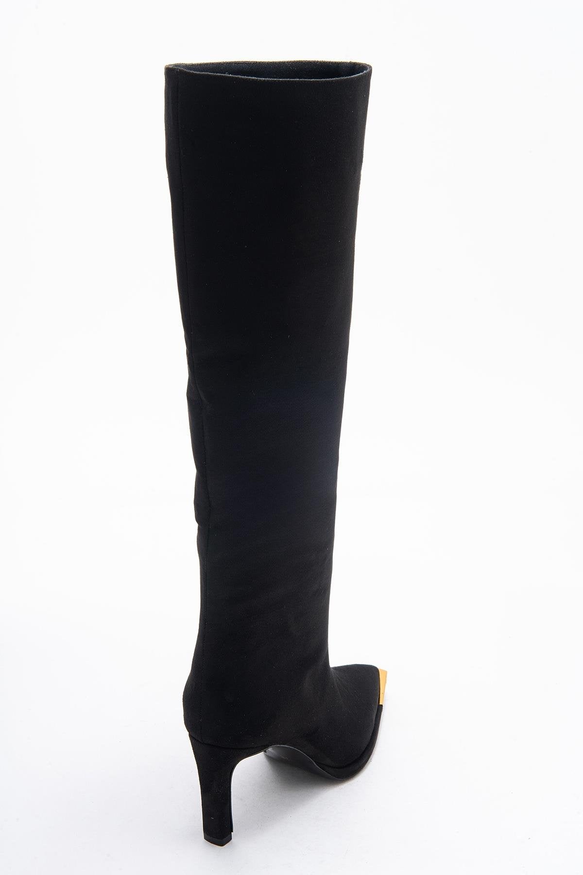Lexa - Black Gold-Trimmed Pointed Toe Stiletto Knee-High Boot – back view showing suede, black, gold, Vowalisse
