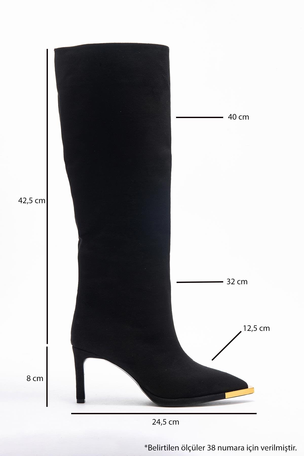 Lexa - Black Gold-Trimmed Pointed Toe Stiletto Knee-High Boot – top view showing suede, black, gold, Vowalisse