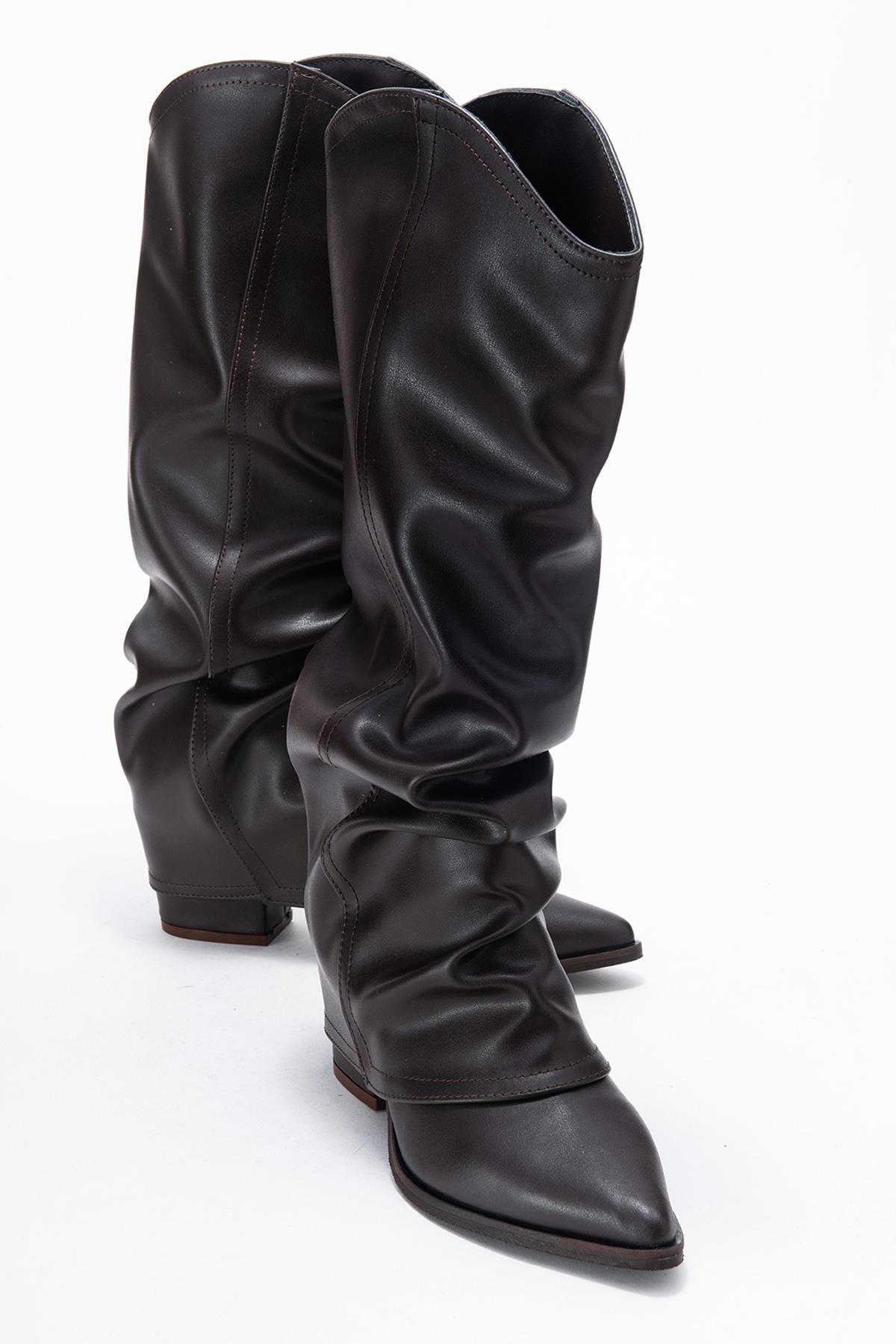 Elaris - Brown Gusseted Block Heel Knee-High Boot – front three-quarter view showing leather, Vowalisse