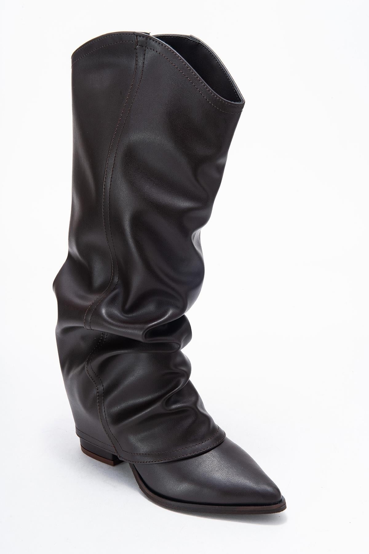 Elaris - Brown Gusseted Block Heel Knee-High Boot – detail view showing leather, Vowalisse