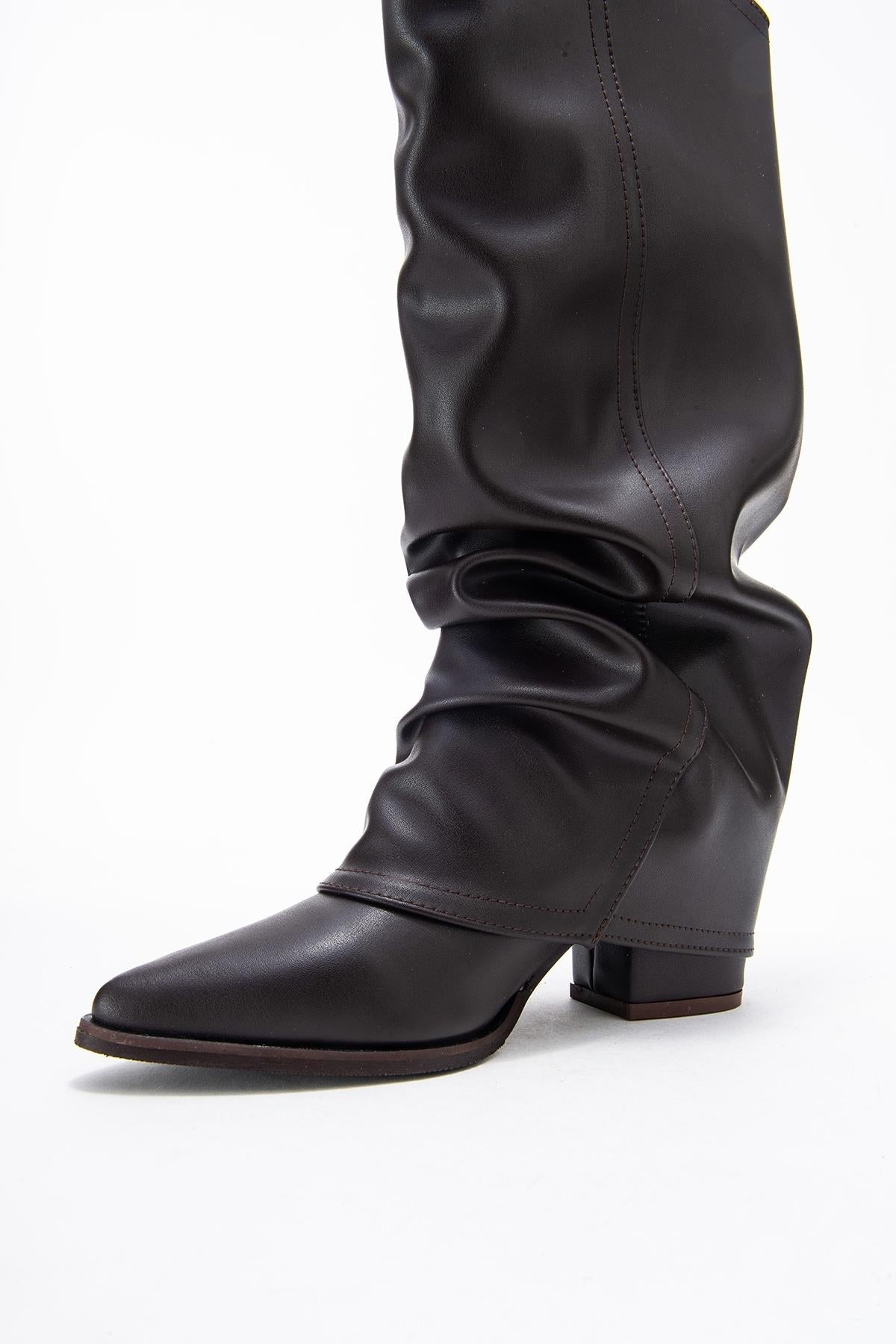 Elaris - Brown Gusseted Block Heel Knee-High Boot – heel view showing leather, Vowalisse