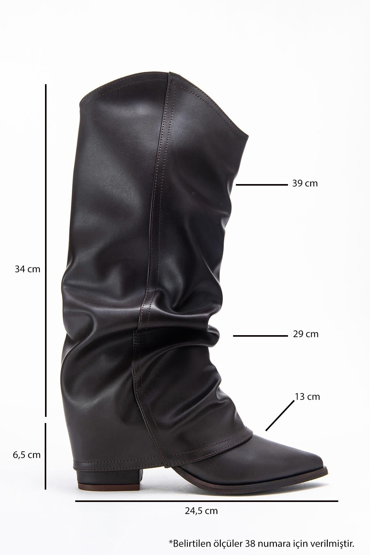 Elaris - Brown Gusseted Block Heel Knee-High Boot – top view showing leather, Vowalisse