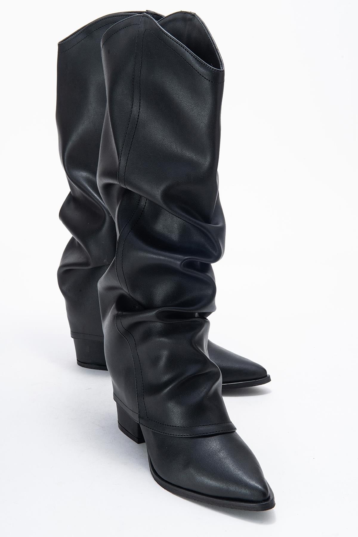 Elaris - Black Gusseted Block Heel Knee-High Boot – front three-quarter view showing leather, black, red, Vowalisse