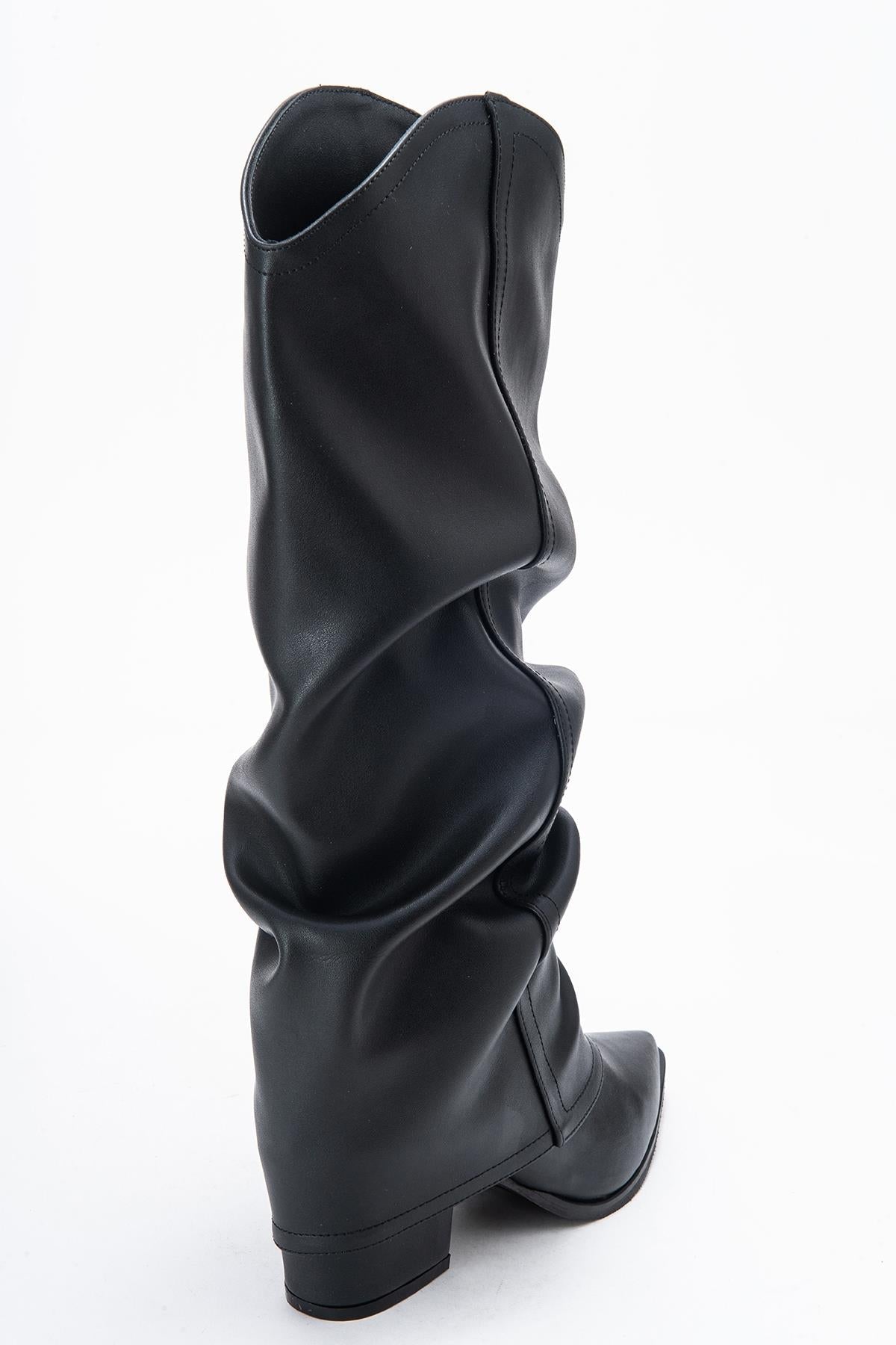 Elaris - Black Gusseted Block Heel Knee-High Boot – back view showing leather, black, red, Vowalisse