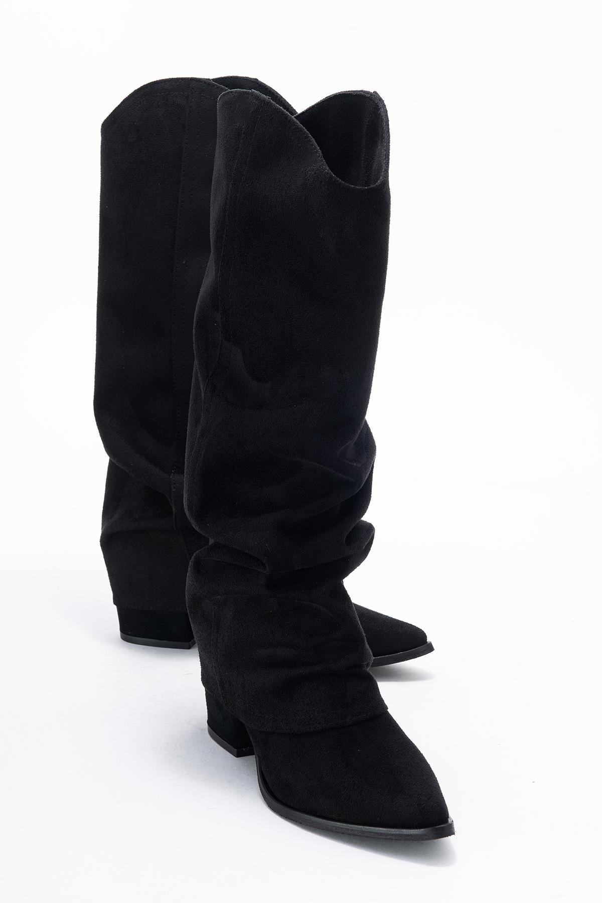 Elaris - Black Gusseted Block Heel Knee-High Boot – front three-quarter view showing suede, black, Vowalisse