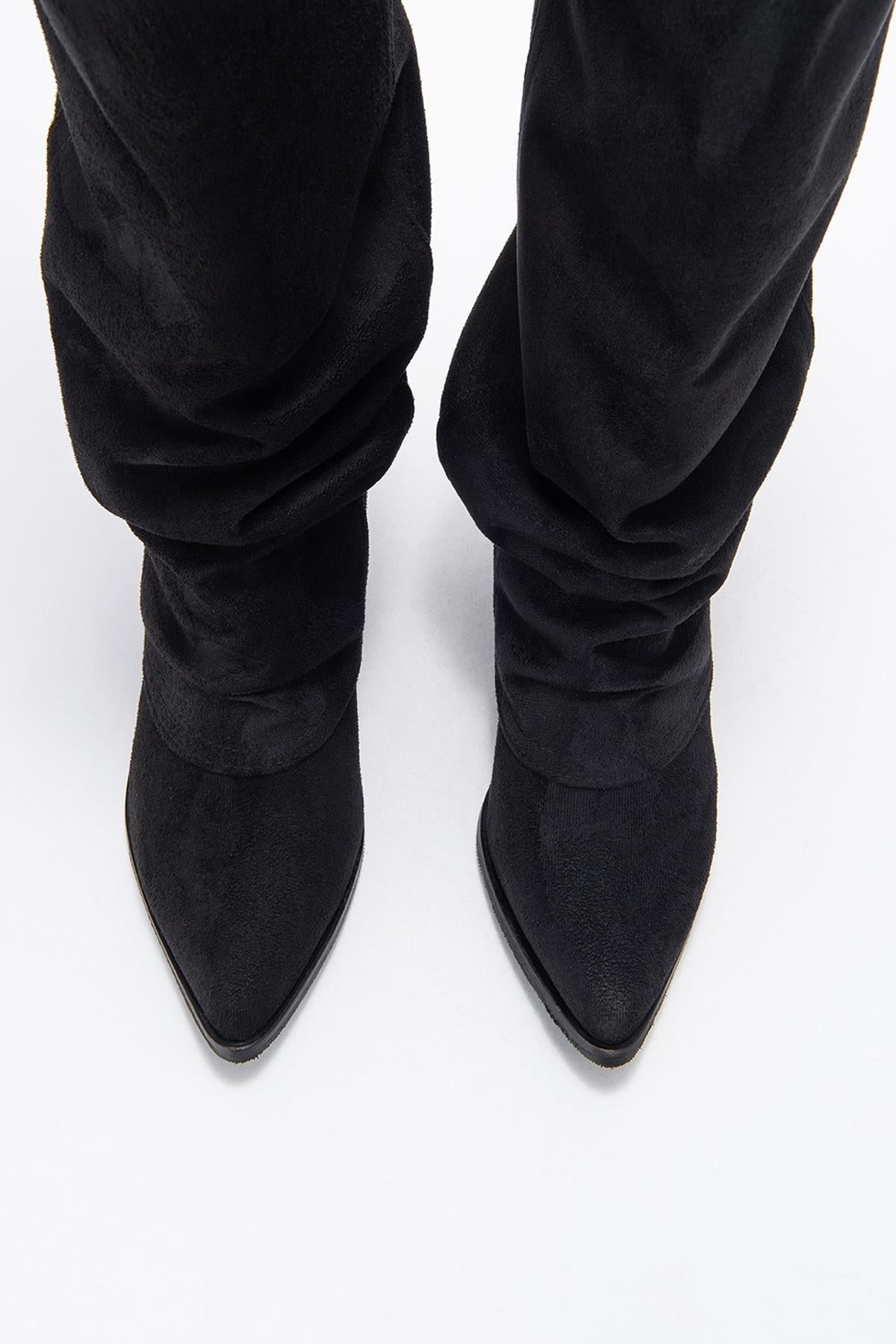 Elaris - Black Gusseted Block Heel Knee-High Boot – side view showing suede, black, Vowalisse