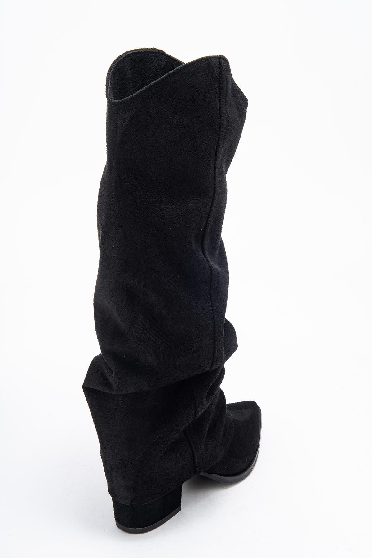 Elaris - Black Gusseted Block Heel Knee-High Boot – back view showing suede, black, Vowalisse