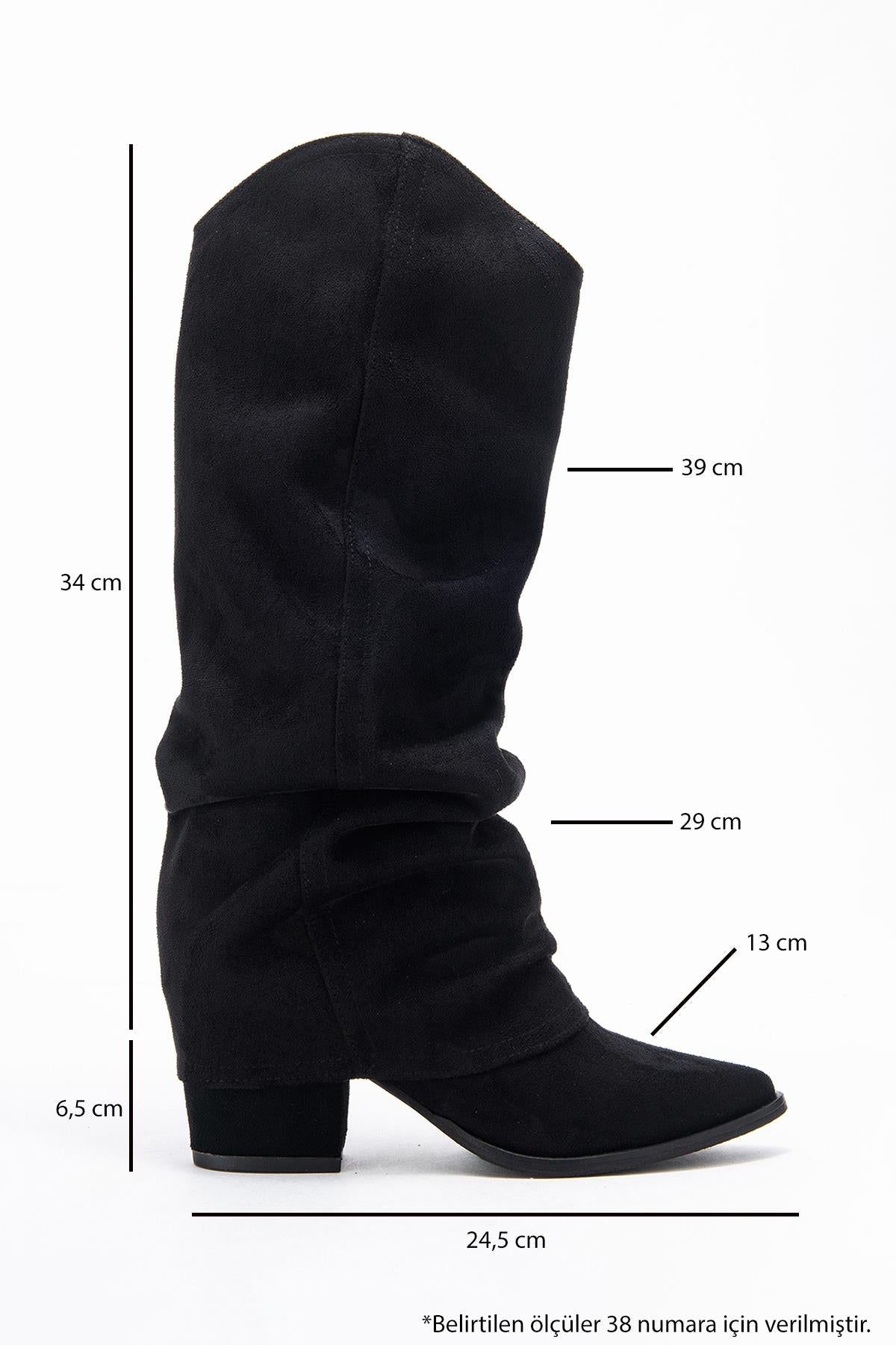 Elaris - Black Gusseted Block Heel Knee-High Boot – top view showing suede, black, Vowalisse