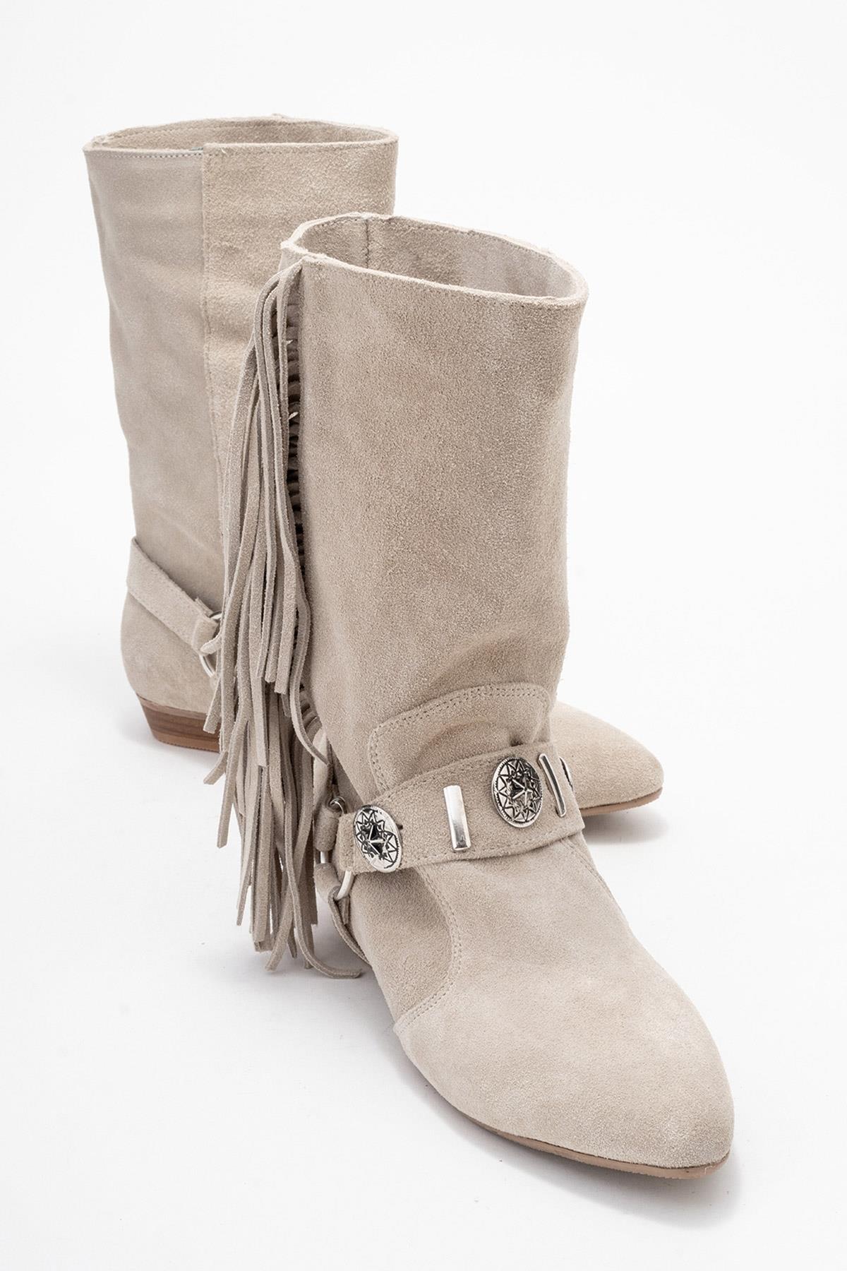 Selora - Beige Suede Genuine Leather Western Boot – front three-quarter view showing leather, suede, Vowalisse