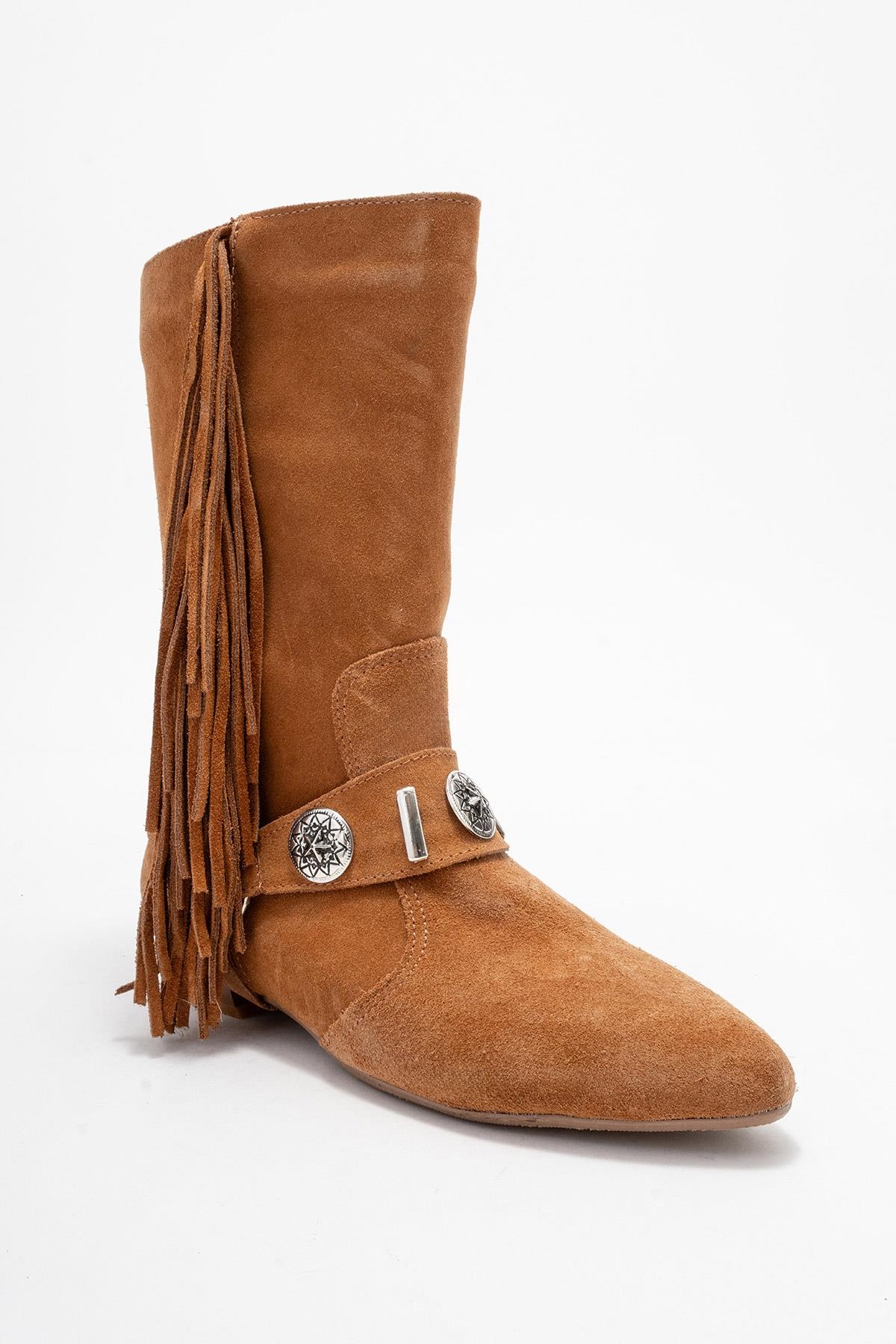 Selora - Cognac Suede Genuine Leather Western Boot – detail view showing leather, suede, Vowalisse