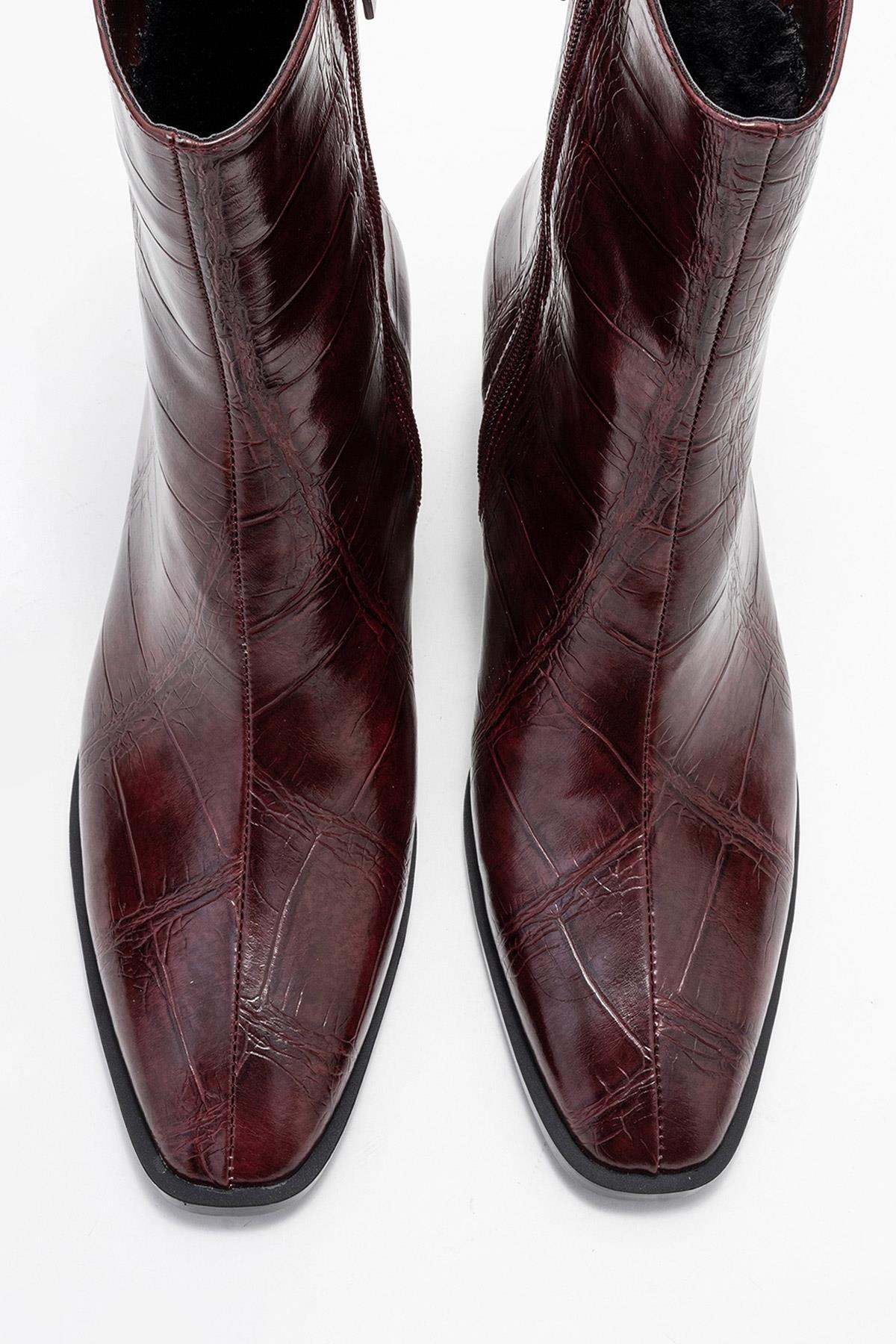 Chara - Burgundy Print Block Heel Ankle Boot – side view showing leather, Vowalisse