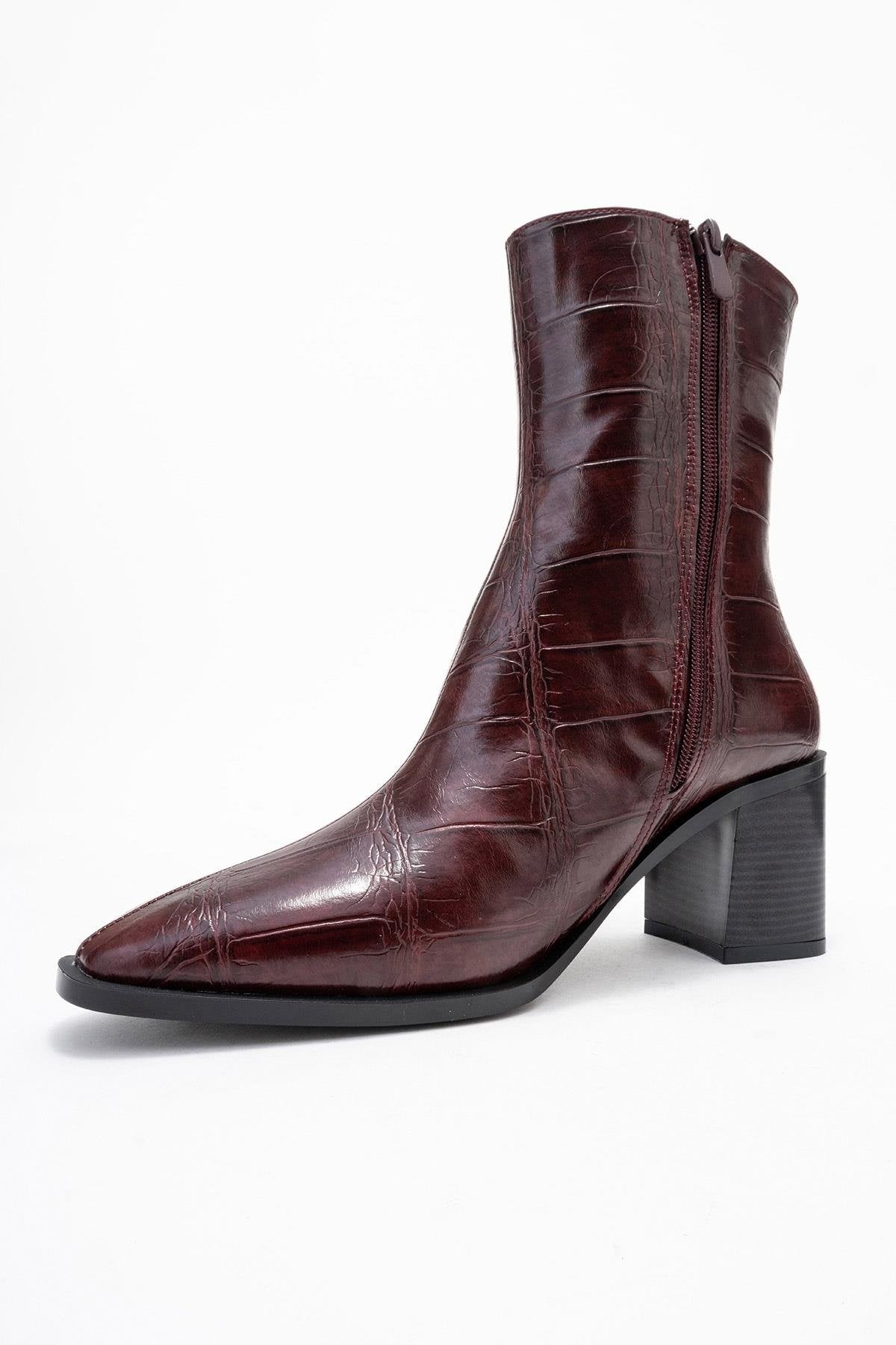 Chara - Burgundy Print Block Heel Ankle Boot – heel view showing leather, Vowalisse