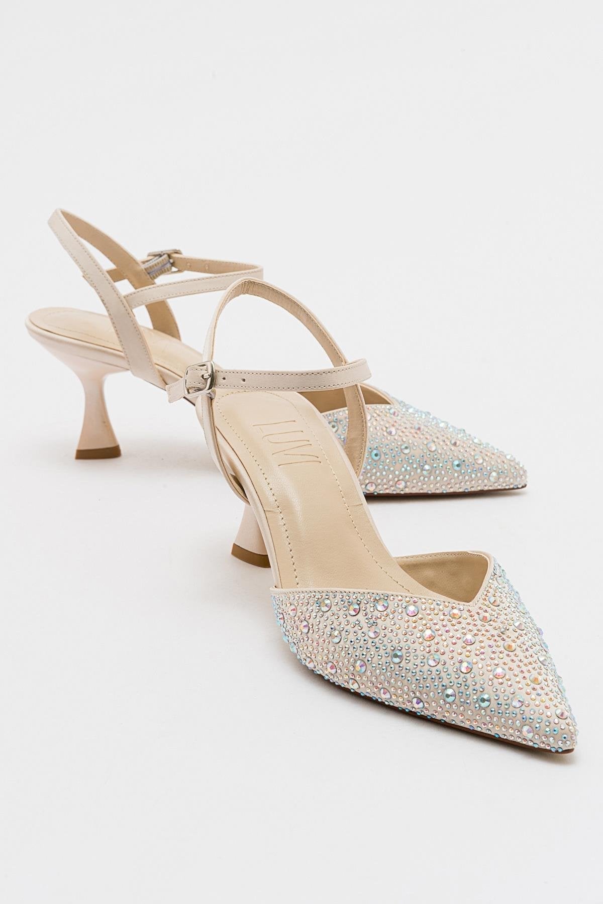 Vilka - Beige Sparkling Slingback Kitten Heels – front three-quarter view showing leather, red, Vowalisse