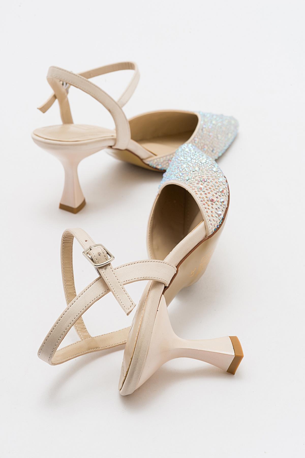 Vilka - Beige Sparkling Slingback Kitten Heels – back view showing leather, red, Vowalisse
