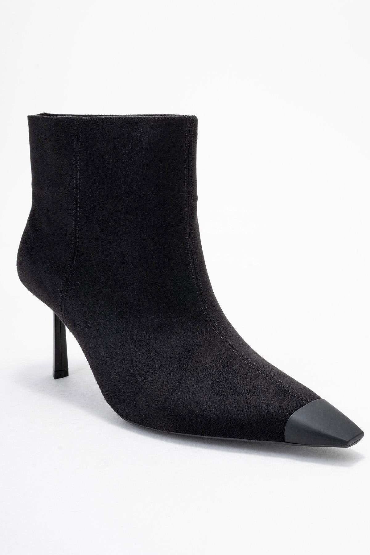 Rassel - Black Stiletto Heel Ankle Boot – detail view showing suede, black, Vowalisse