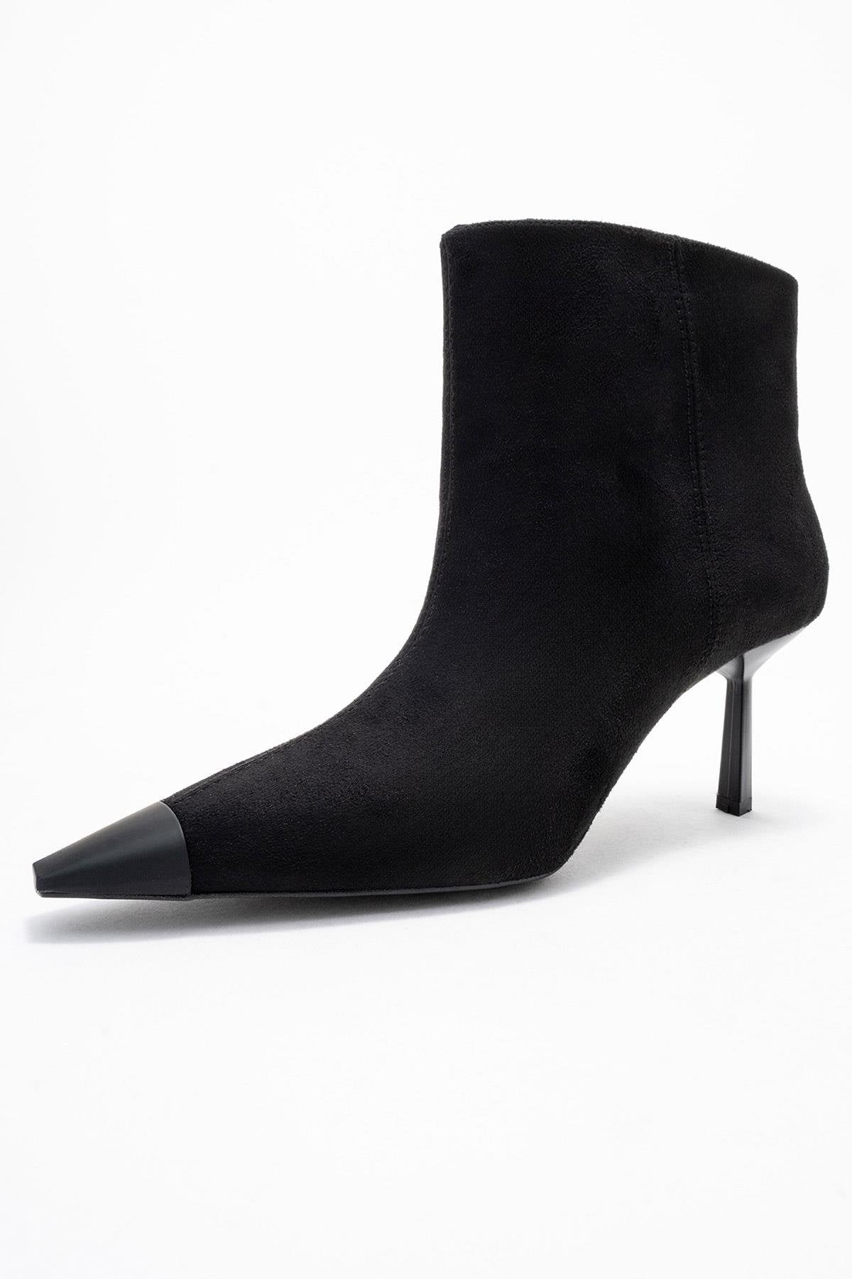 Rassel - Black Stiletto Heel Ankle Boot – heel view showing suede, black, Vowalisse