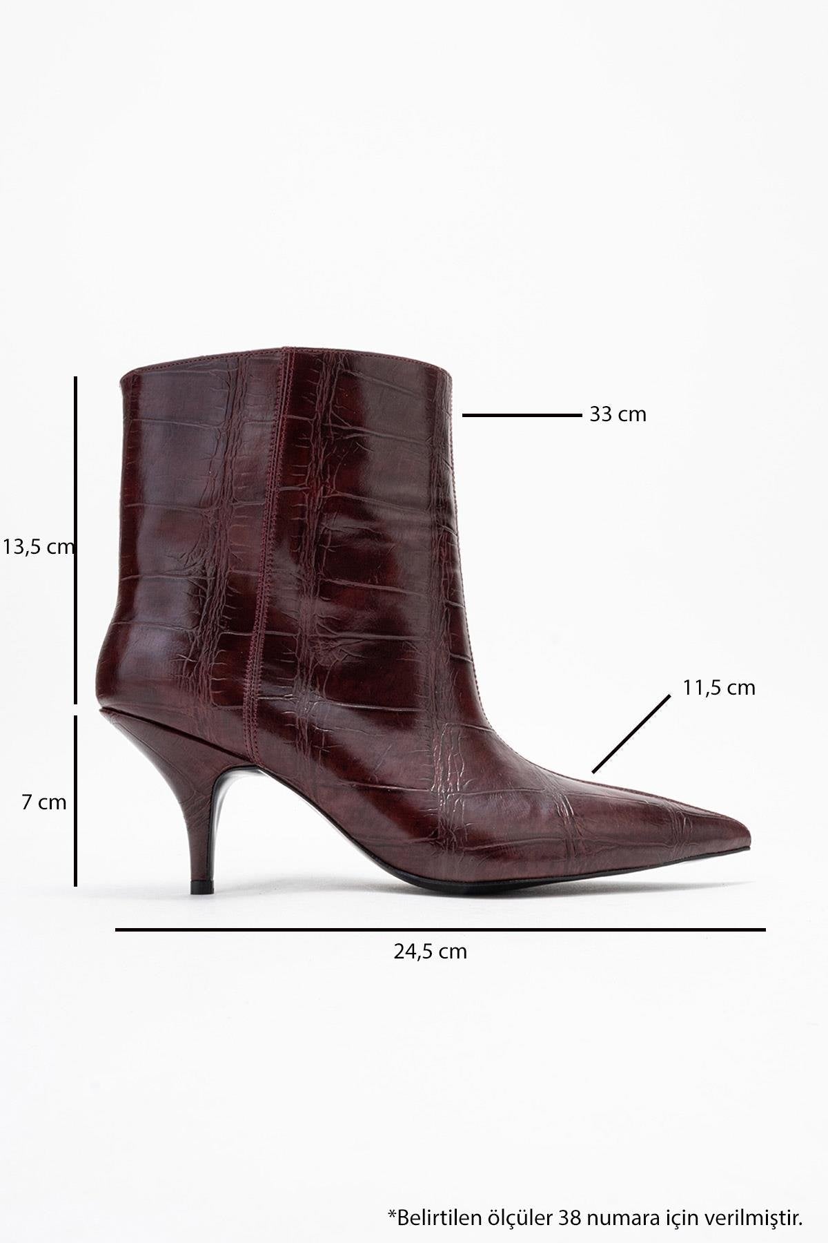 Brivelle - Burgundy Printed Pointed Toe Kitten Heel Boot – top view showing leather, Vowalisse