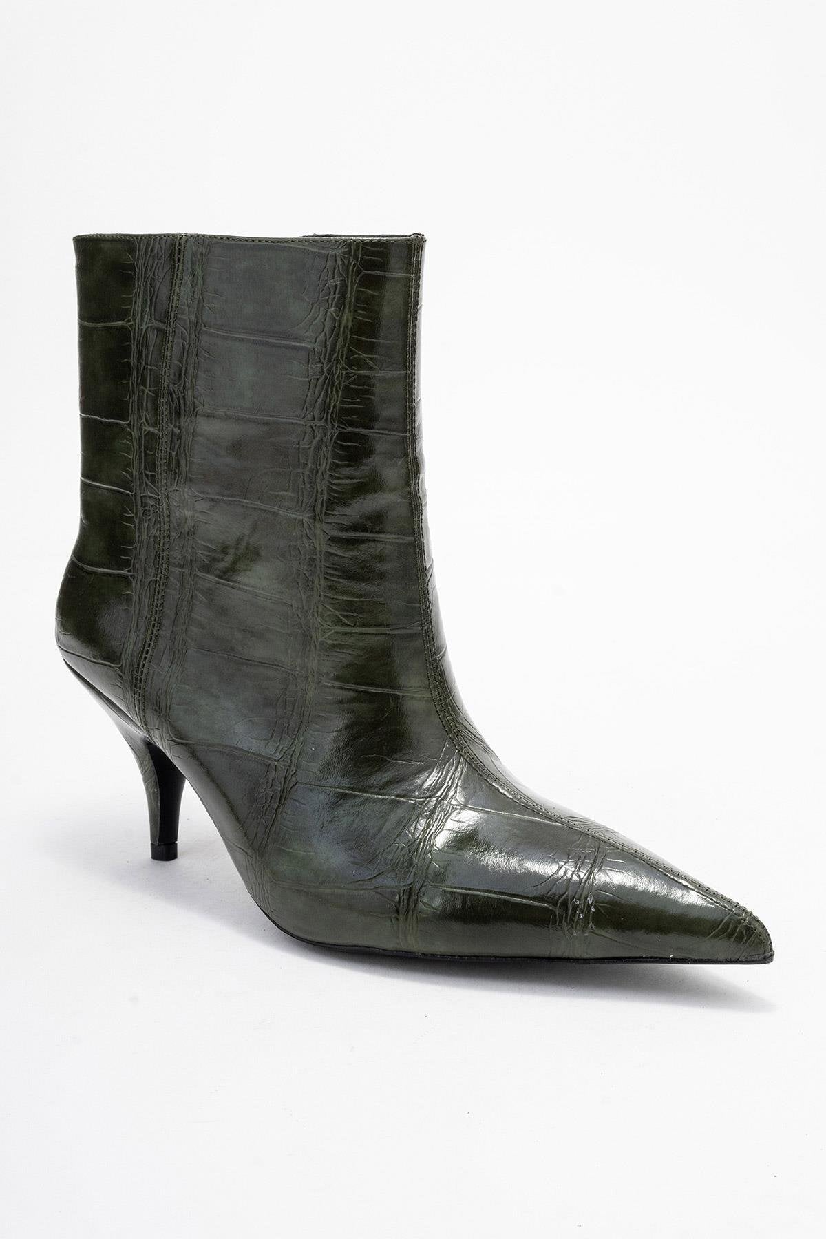 Brivelle - Green Printed Pointed Toe Kitten Heel Boot – detail view showing leather, green, Vowalisse